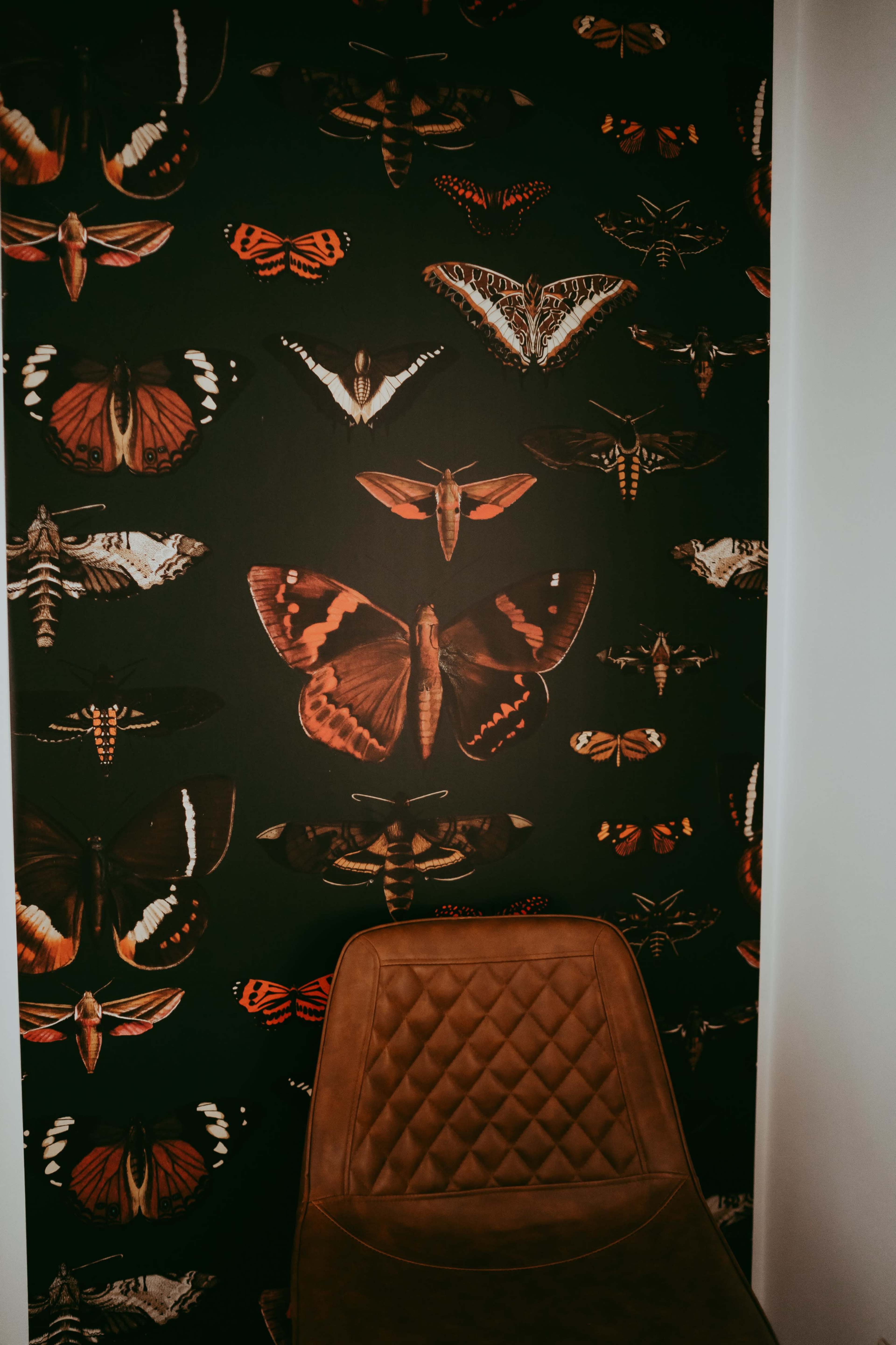 A wall covered in a patterned wallpaper displaying various butterfly and moth designs, alongside a brown, quilted chair in the corner.