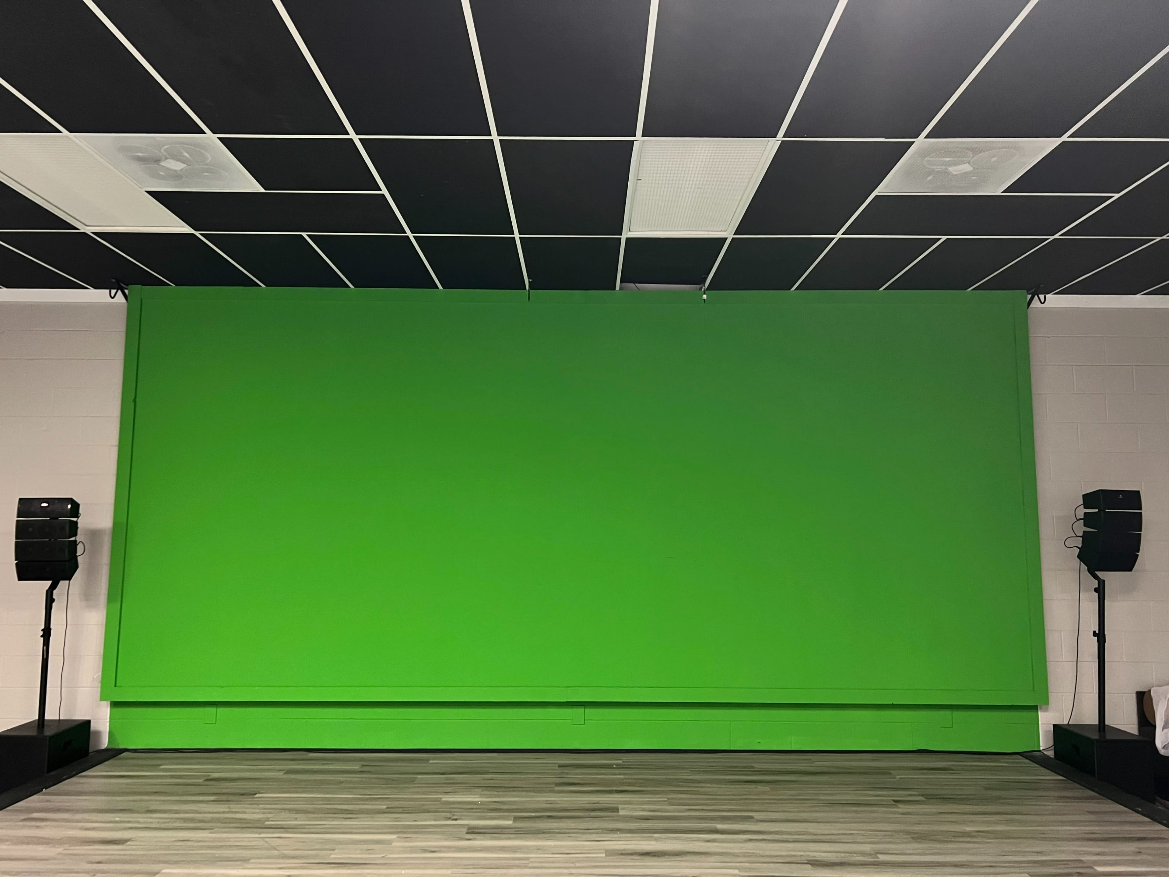 A green backdrop on a wall in a room with black and white ceiling tiles and speakers on either side.