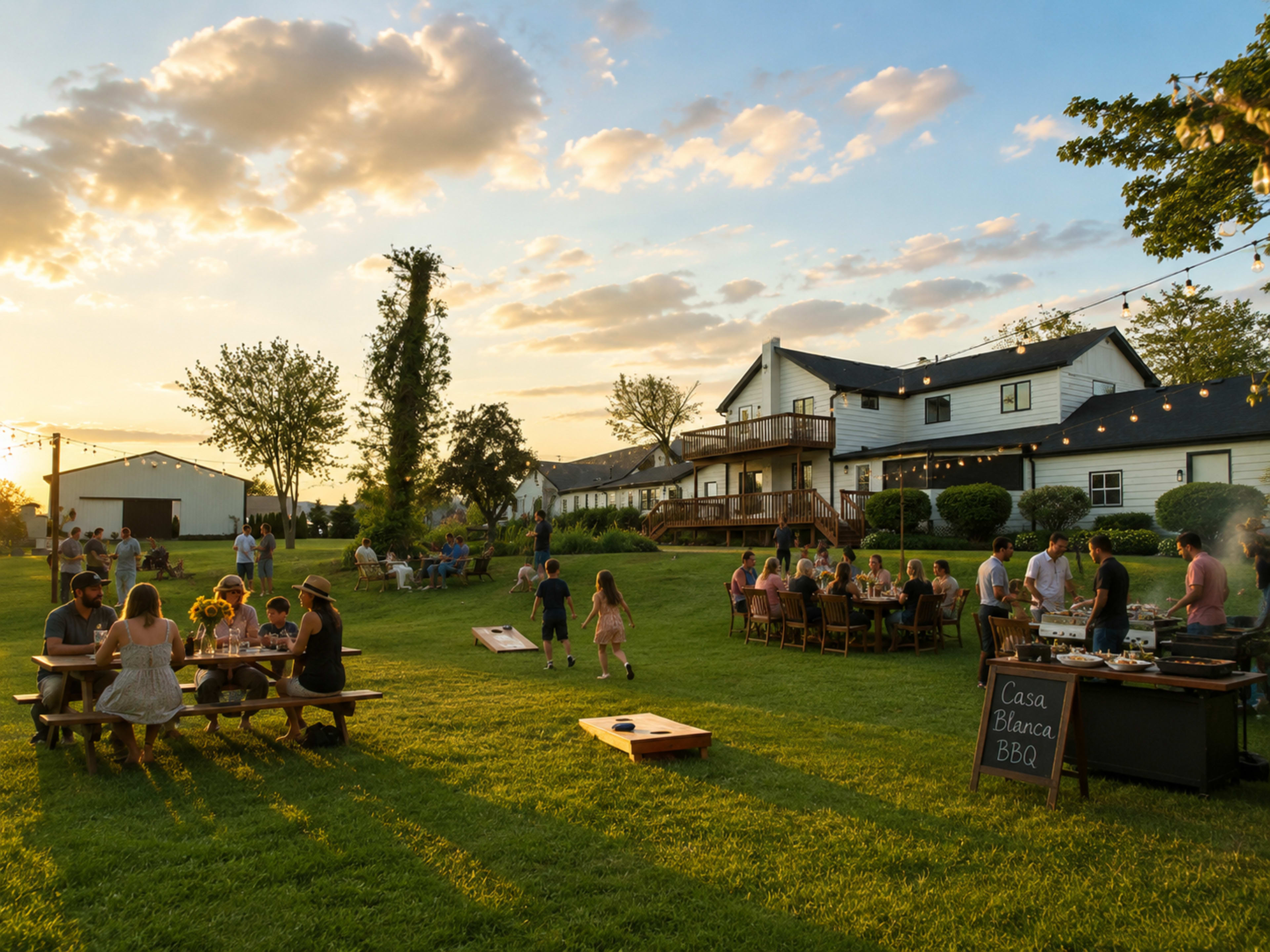 A gathering of people enjoying a barbecue party on a grassy area in front of a white farmhouse at sunset, with tables set up and children playing nearby.