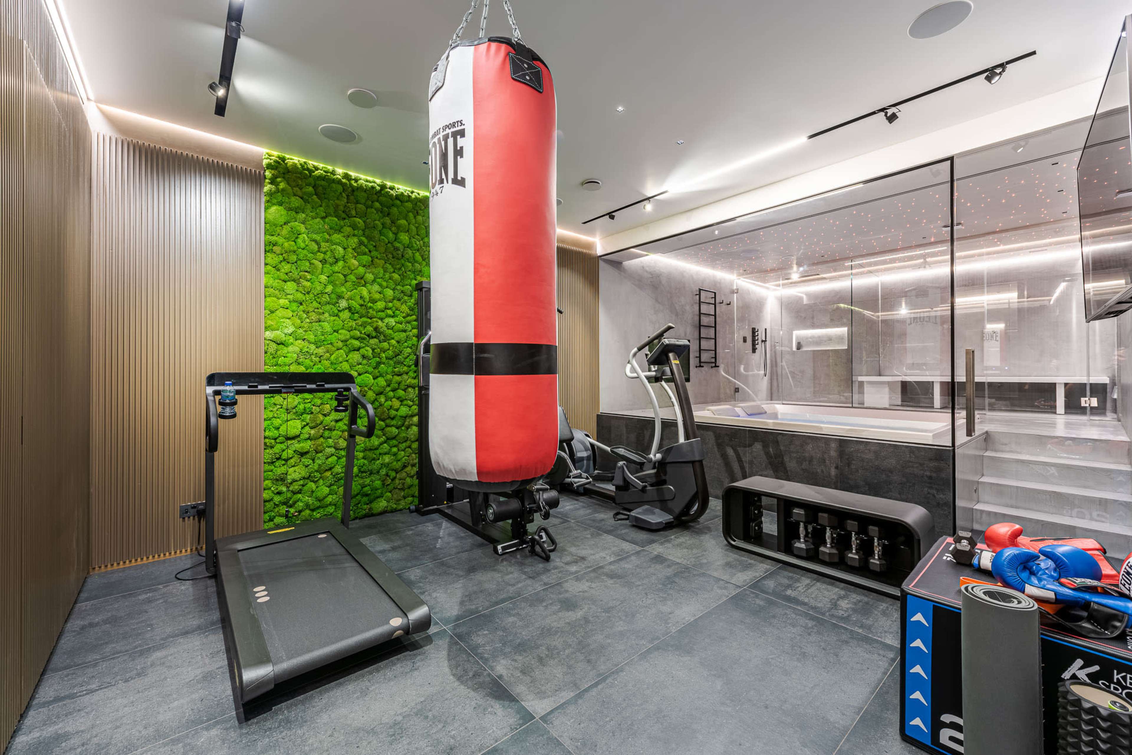 The image shows a modern gym featuring a punching bag, a treadmill, dumbbells, and a glass-walled sauna against a backdrop of green moss.