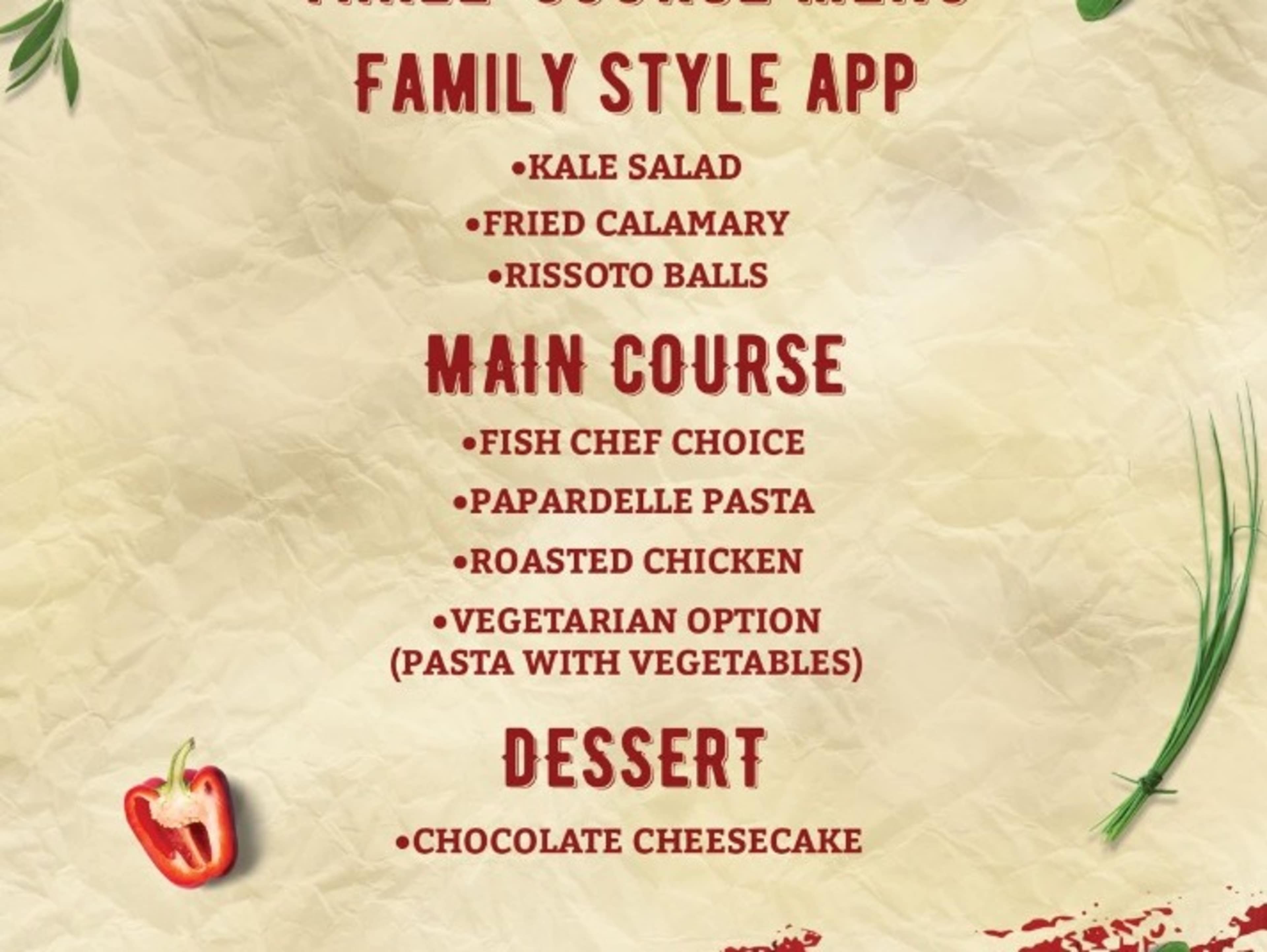 Pre fix menu $55  (3 courses)