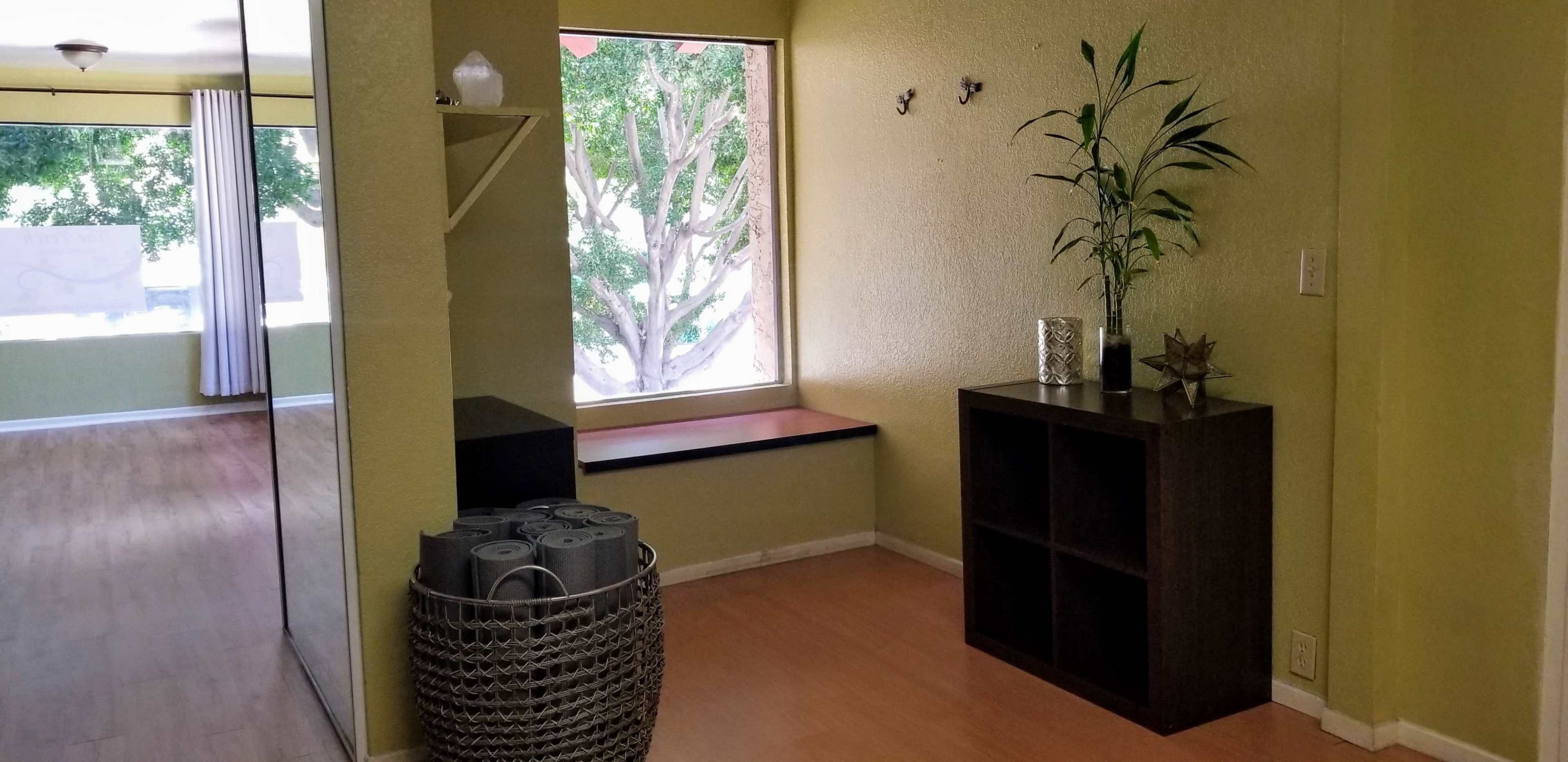 A spacious, well-lit hallway featuring a shelf with a plant, a storage unit, and a window with a view of trees.