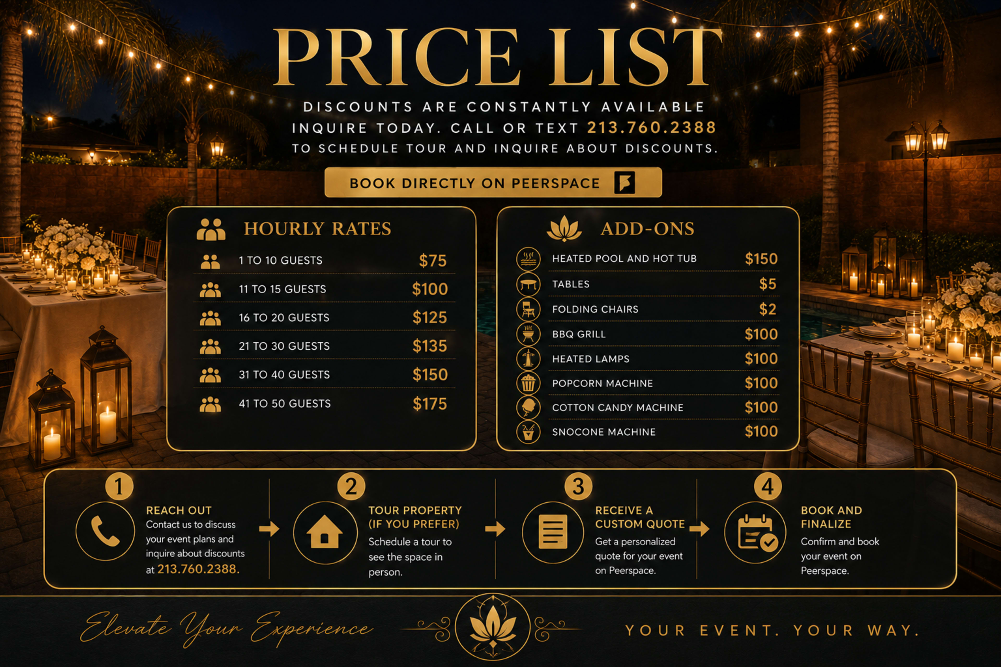 The image displays a price list for event services, featuring hourly rates based on guest numbers and various add-ons, along with contact information for inquiries.