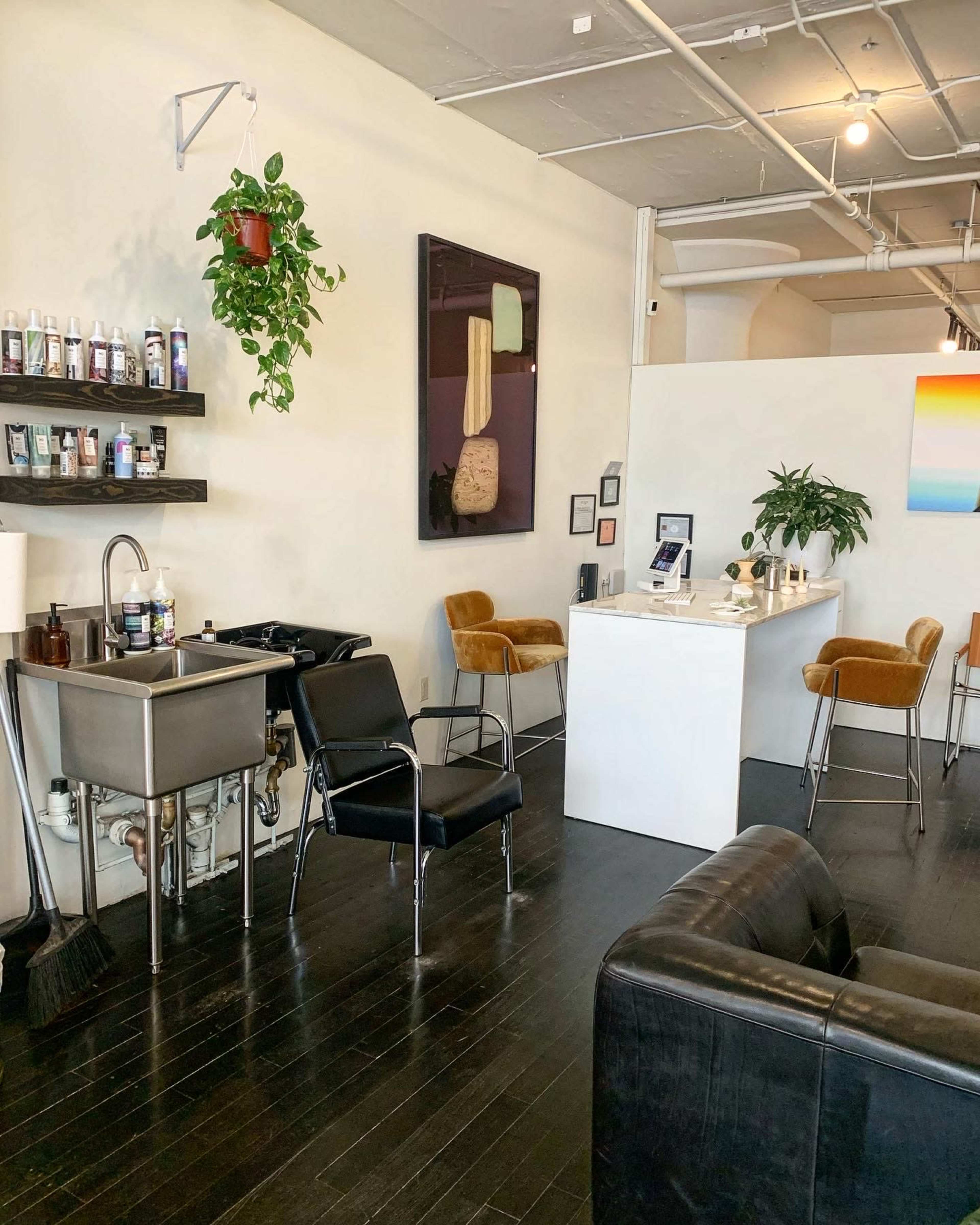 The interior of a salon features black chairs, a metal sink, a countertop with products, and plants against a backdrop of light-colored walls and dark wooden floors.