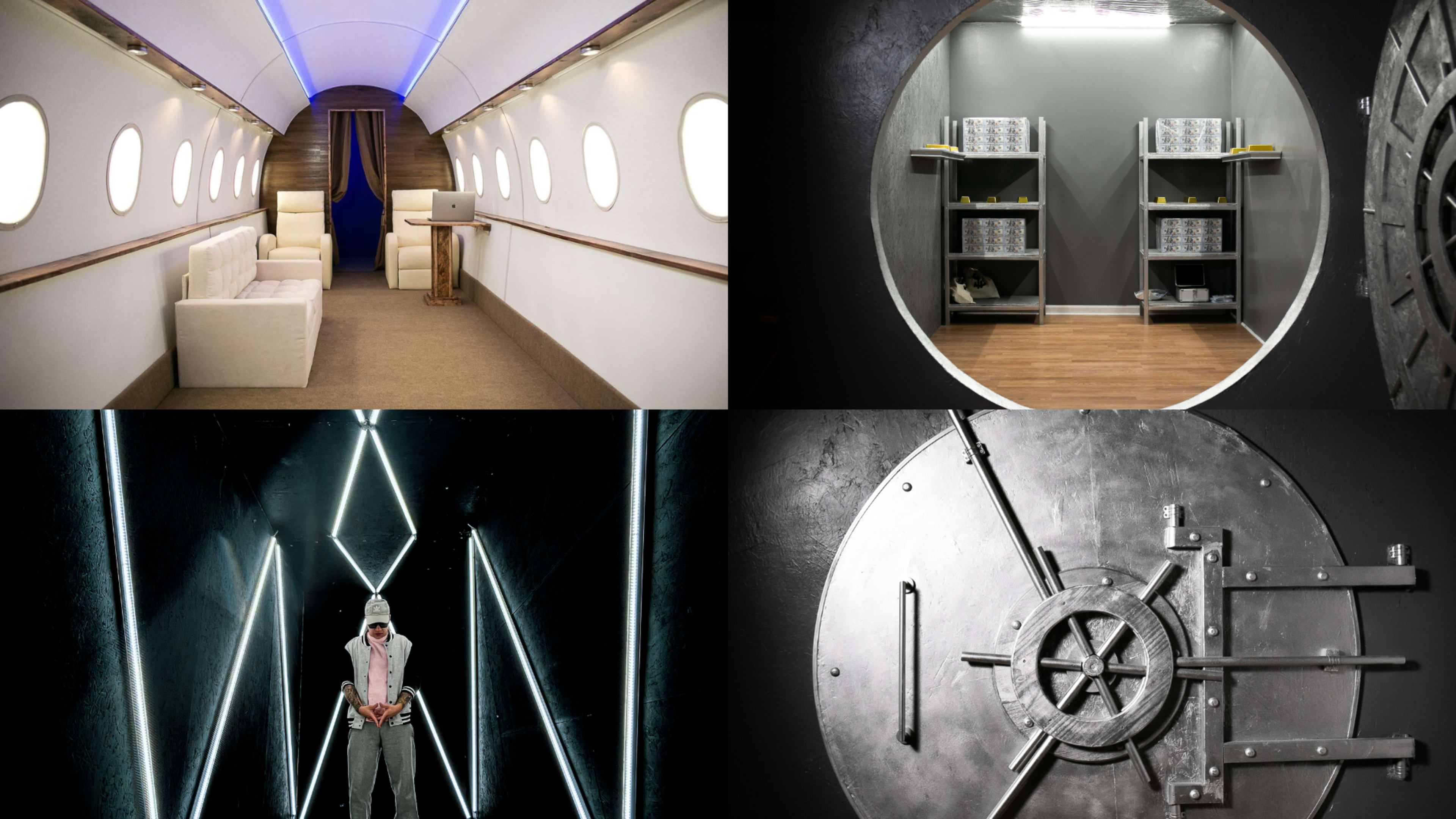 The image features four distinct scenes: an interior of a luxury airplane, a storage room with shelves, a corridor with bright neon lights, and a large safe door.