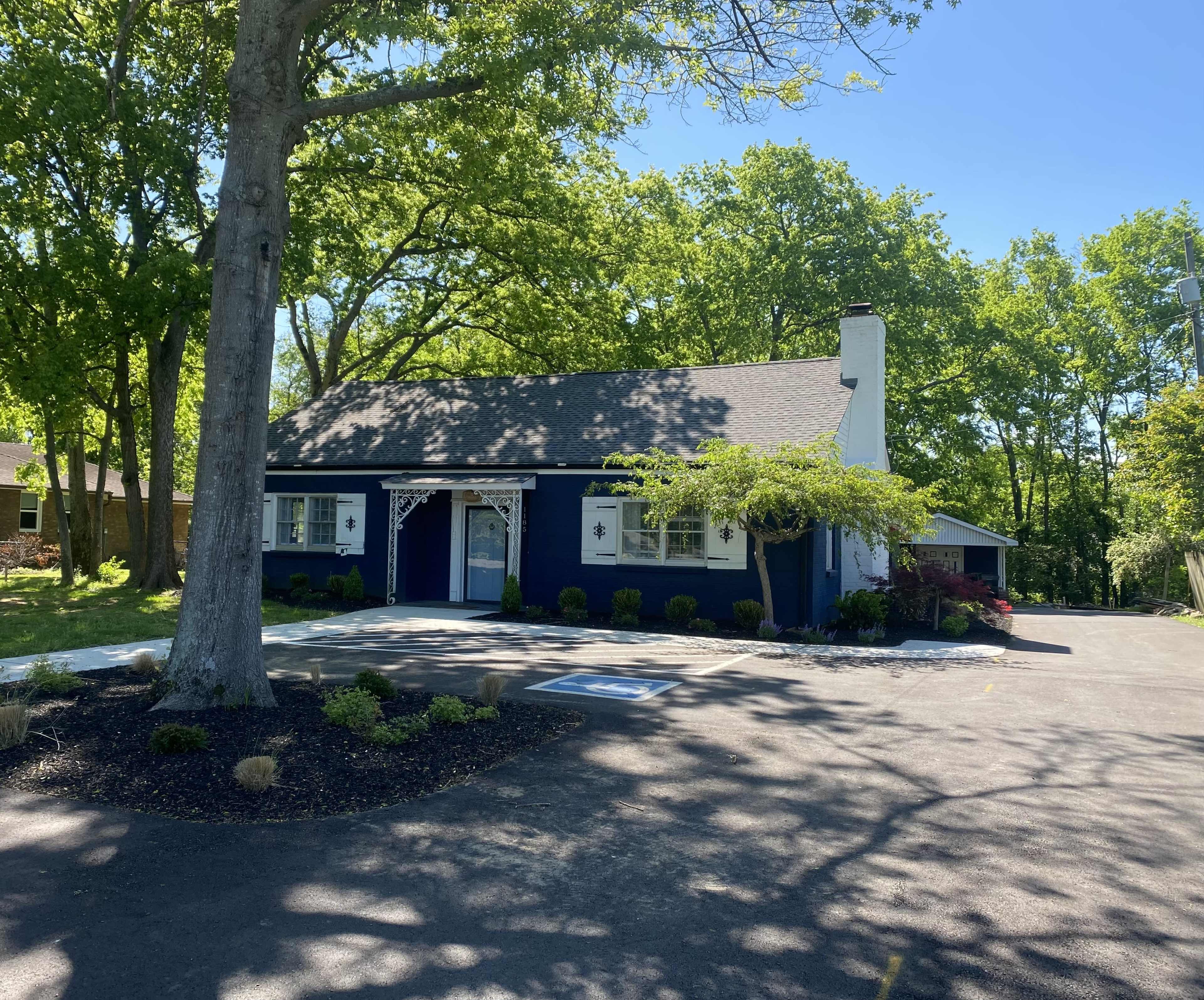 A blue house with a steep roof sits on a tree-lined street, surrounded by green foliage.