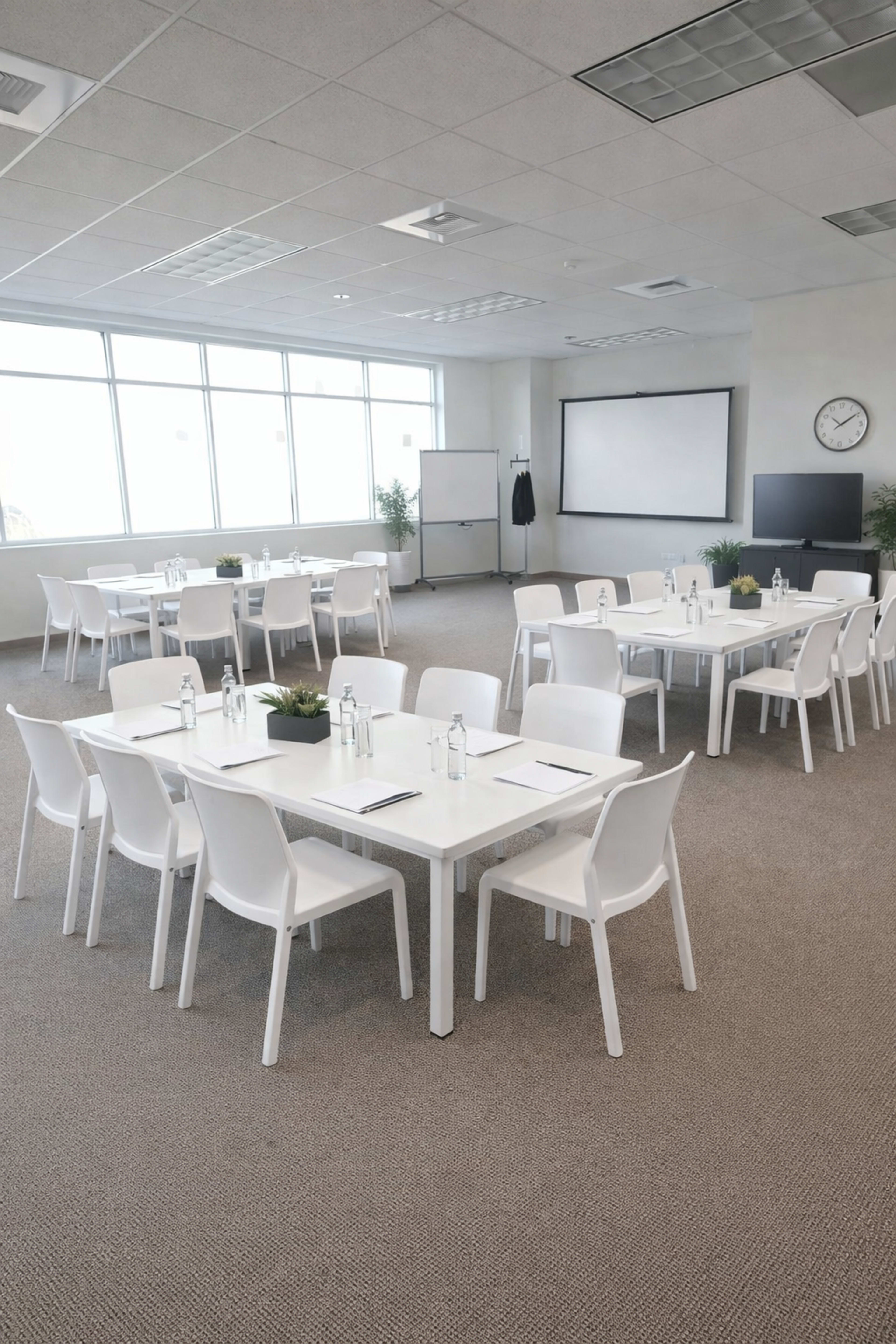 A modern conference room features several white tables arranged in a U-shape, surrounded by chairs, with large windows providing natural light.