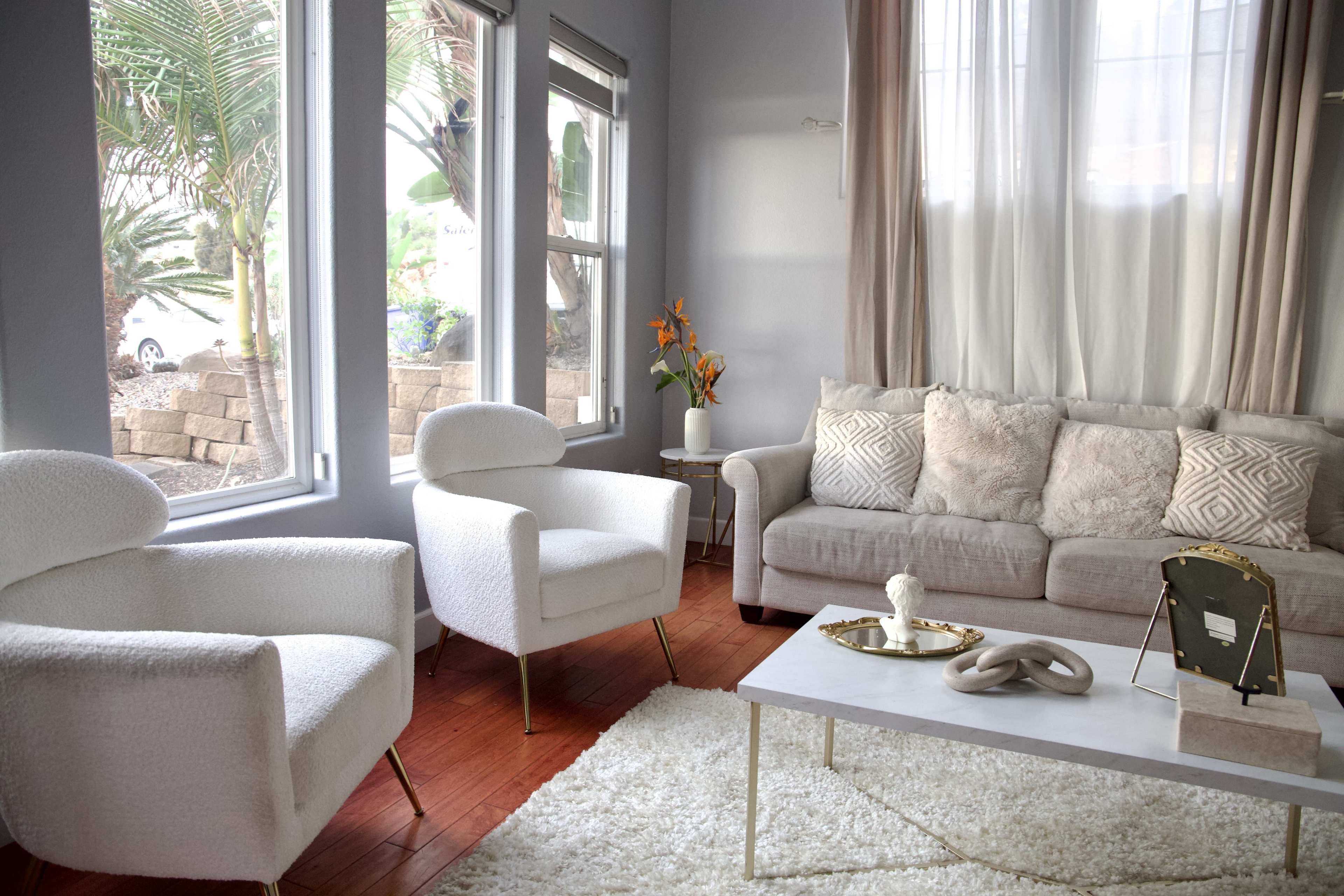 The image shows a modern living room with light-colored furniture, large windows allowing natural light, and a table centered on a plush area rug.