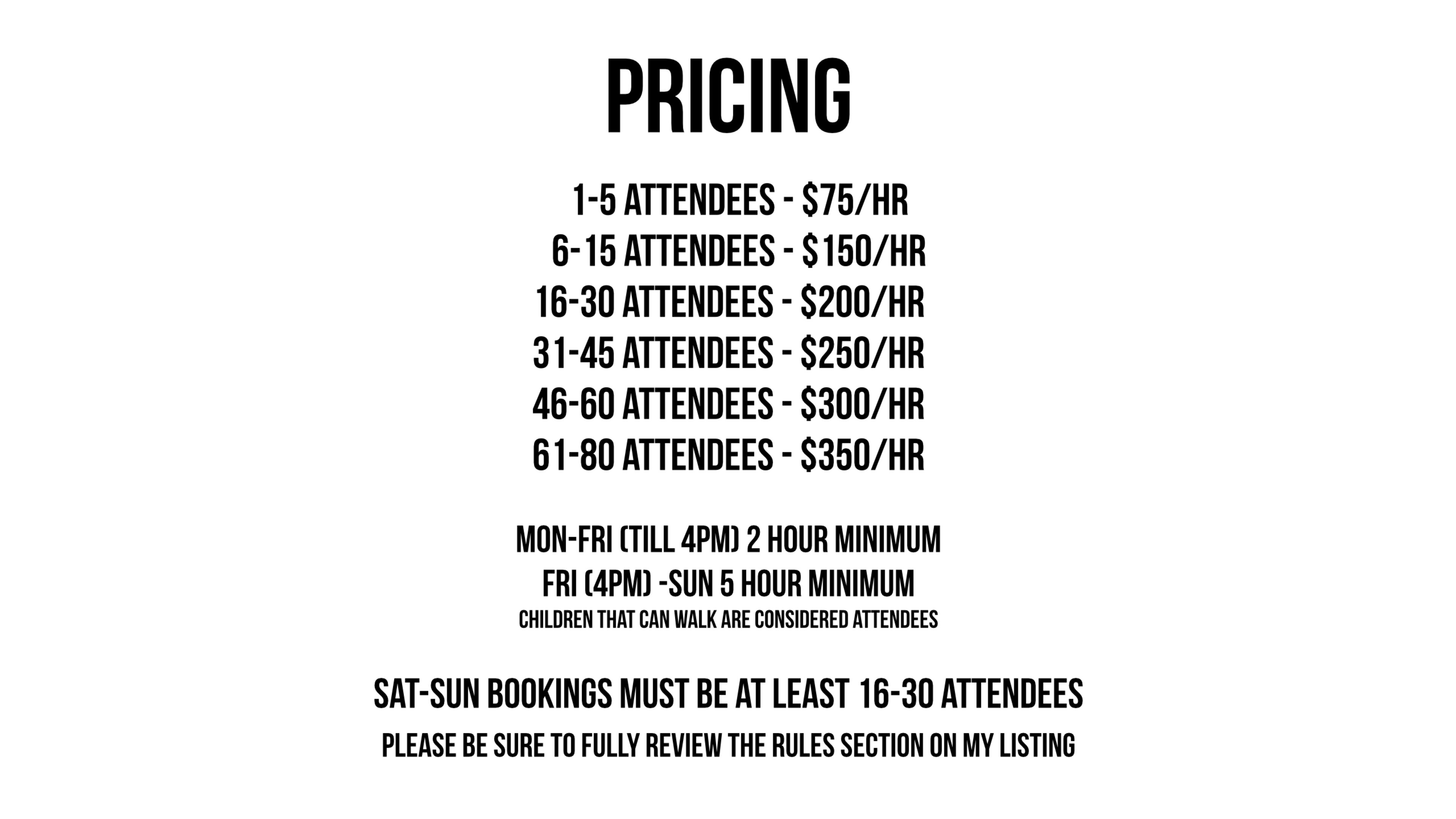 A pricing table for event bookings, listing hourly rates based on the number of attendees.