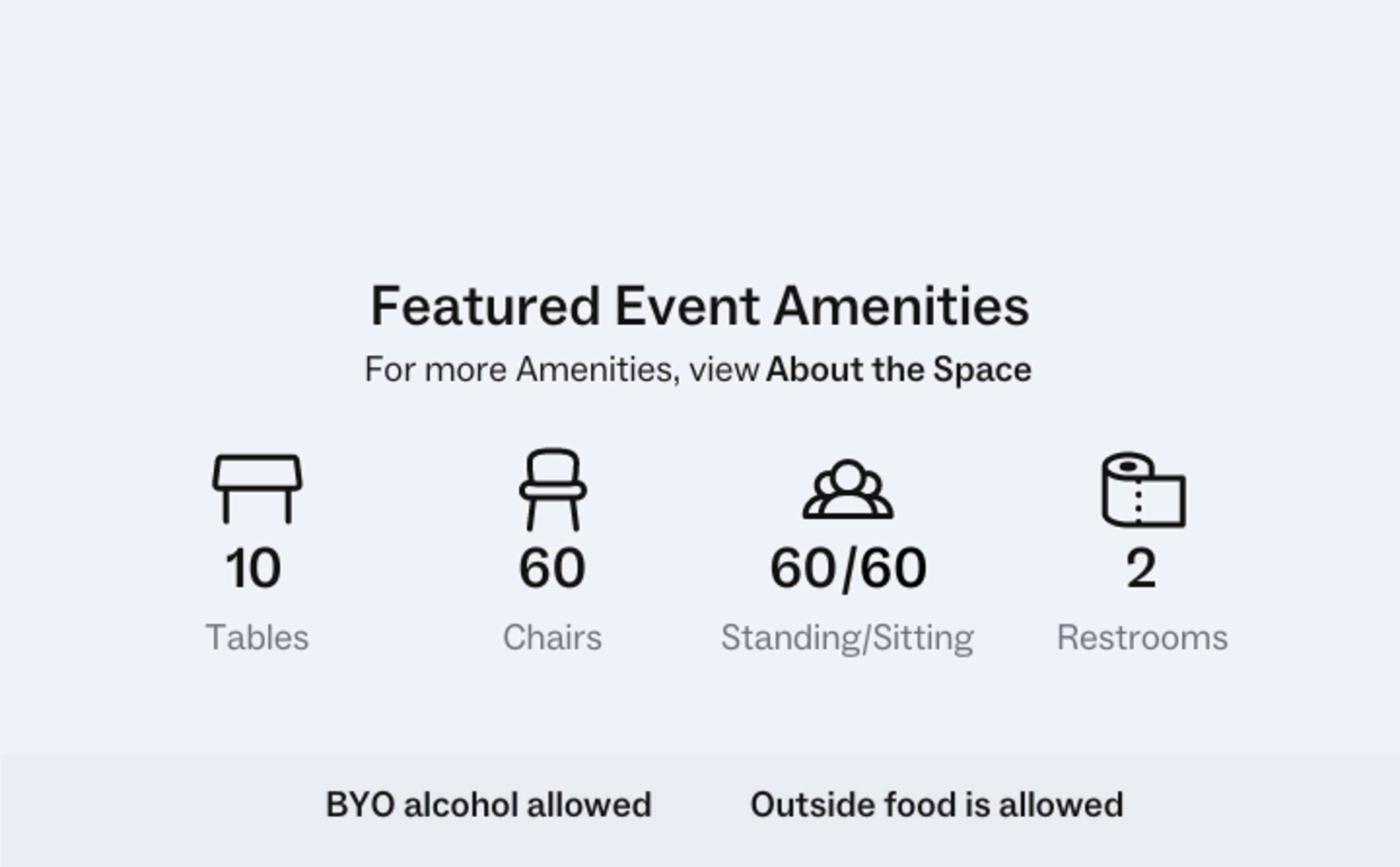 Event amenities, including 10 tables, 60 chairs, space for 60 people standing or sitting, and 2 restrooms, with notes that BYO alcohol and outside food are allowed.