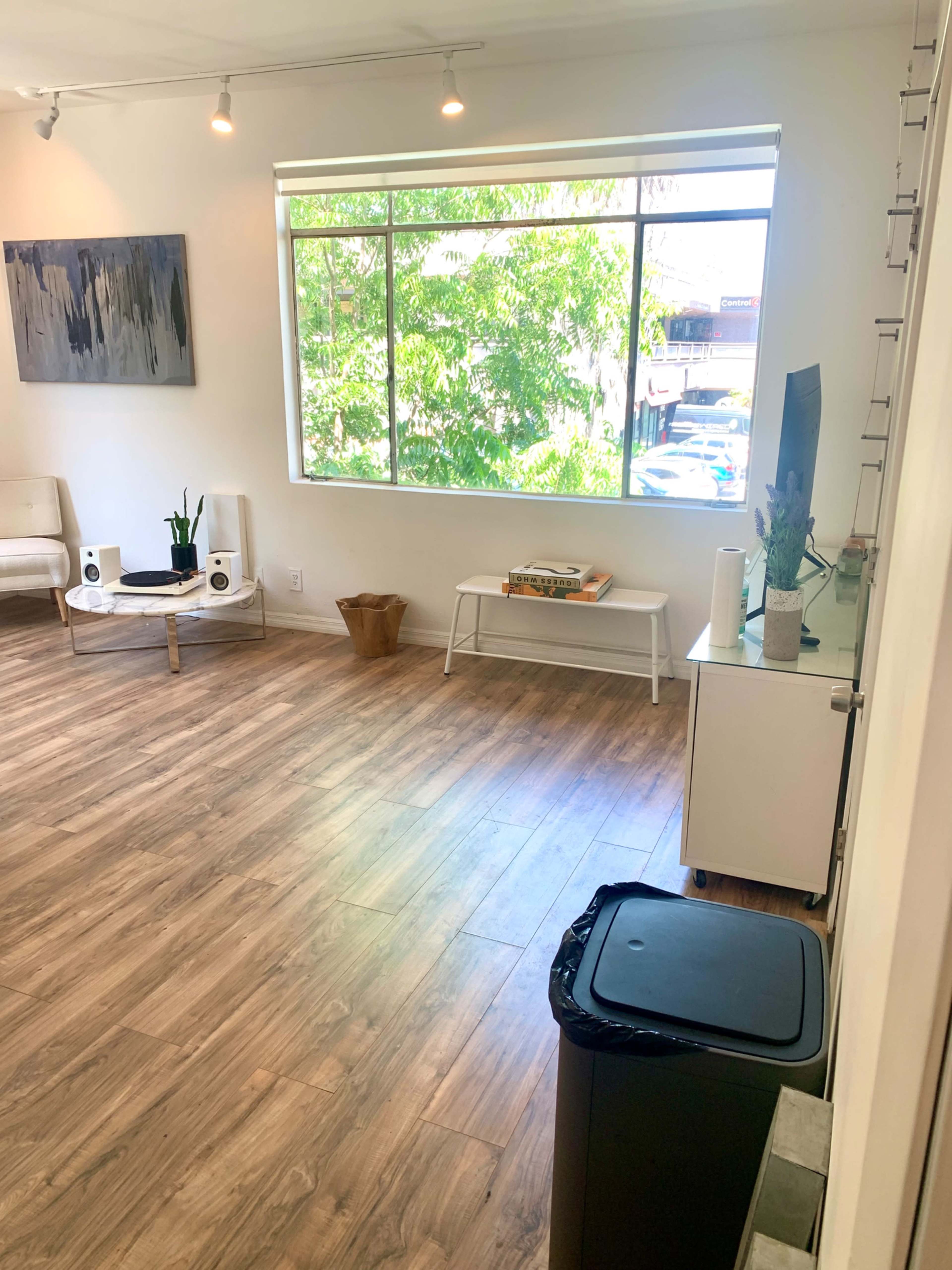 A spacious room with a large window, wooden flooring, a television on a white cabinet, and minimalist furniture including a coffee table and an indoor plant.