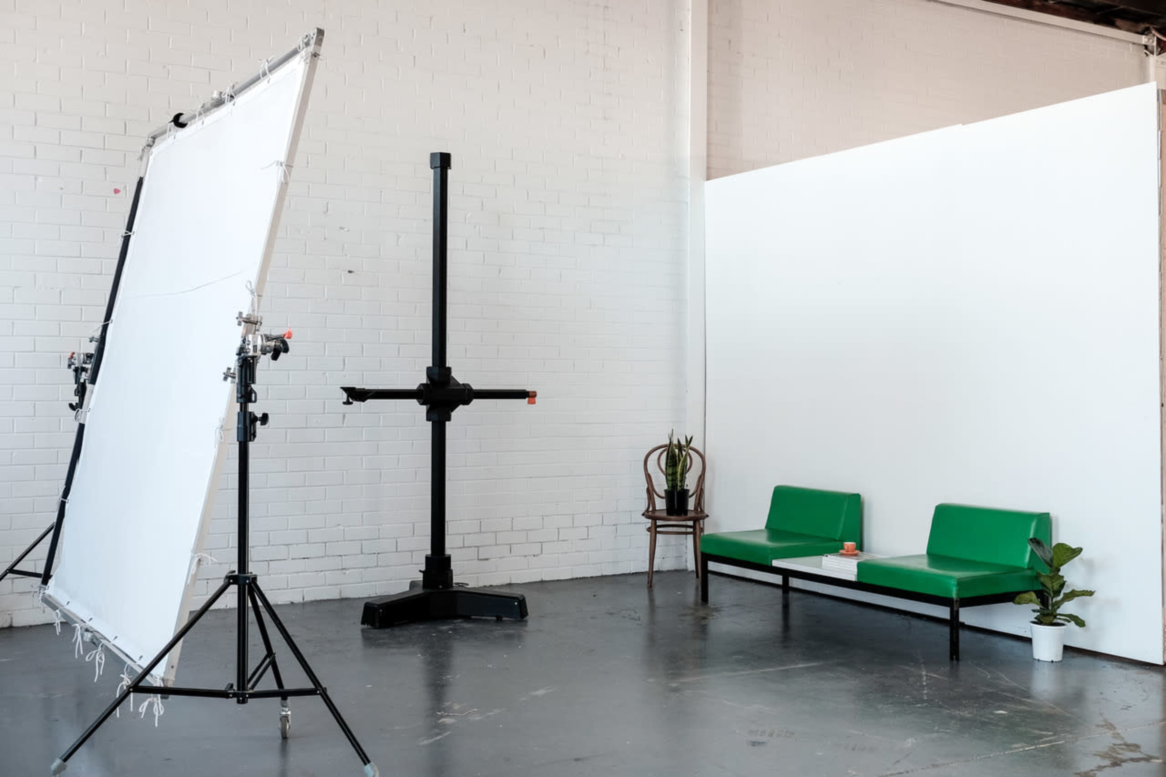 The image shows a minimalist photo studio featuring a large white backdrop, a support stand, two green benches, and a potted plant.