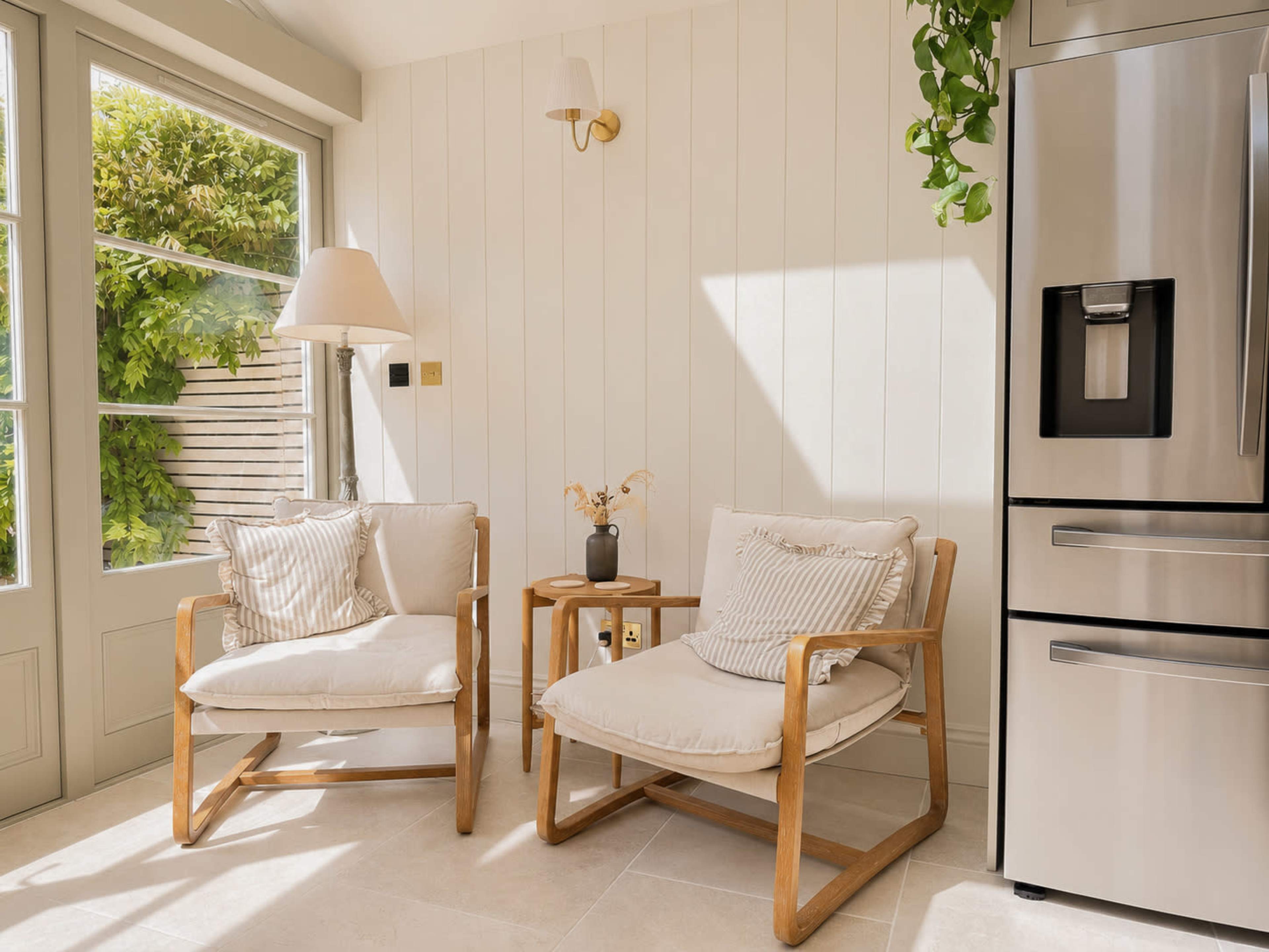 The image shows two wooden-framed chairs with cushions beside a small side table in a bright room with a large window and a modern refrigerator.
