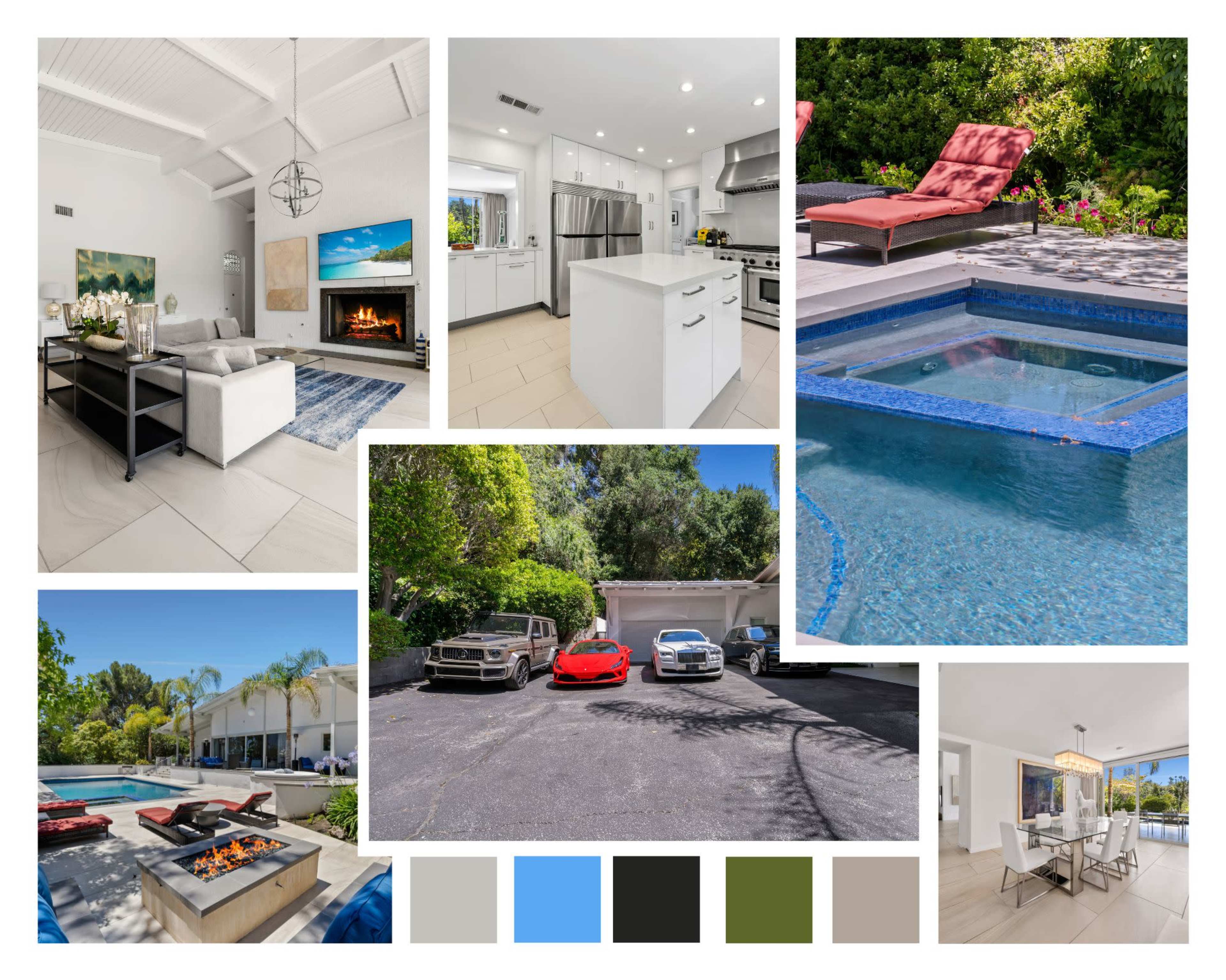 A collage showcasing a modern home interior with a living room, kitchen, and dining area, alongside an outdoor pool, patio, and parked luxury cars.