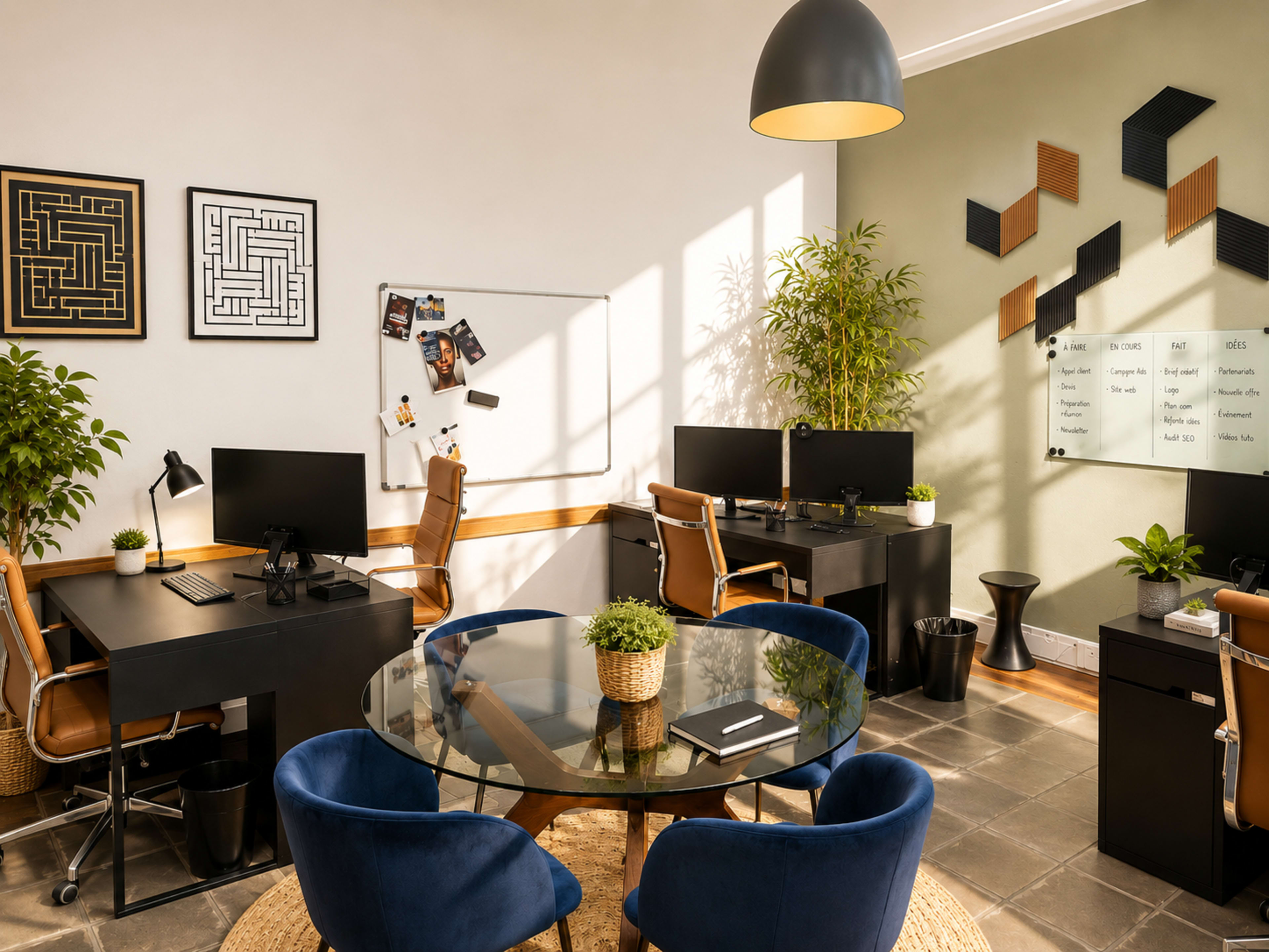 The image shows a modern office space with two desks equipped with computers, a round glass table surrounded by blue chairs, and plants enhancing the decor.