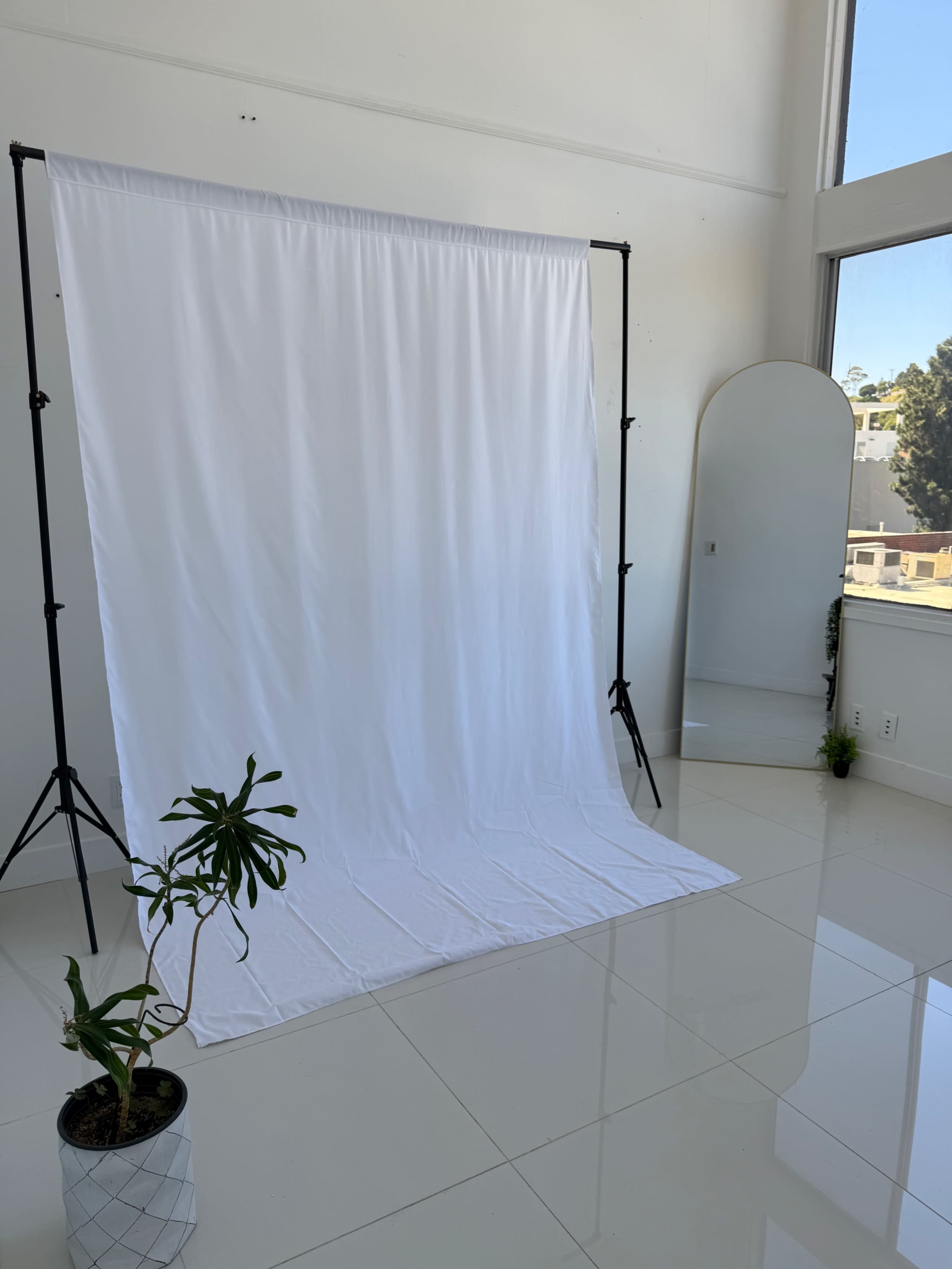 The image shows a bright studio space featuring a large white backdrop on a stand, a full-length mirror, and a potted plant.