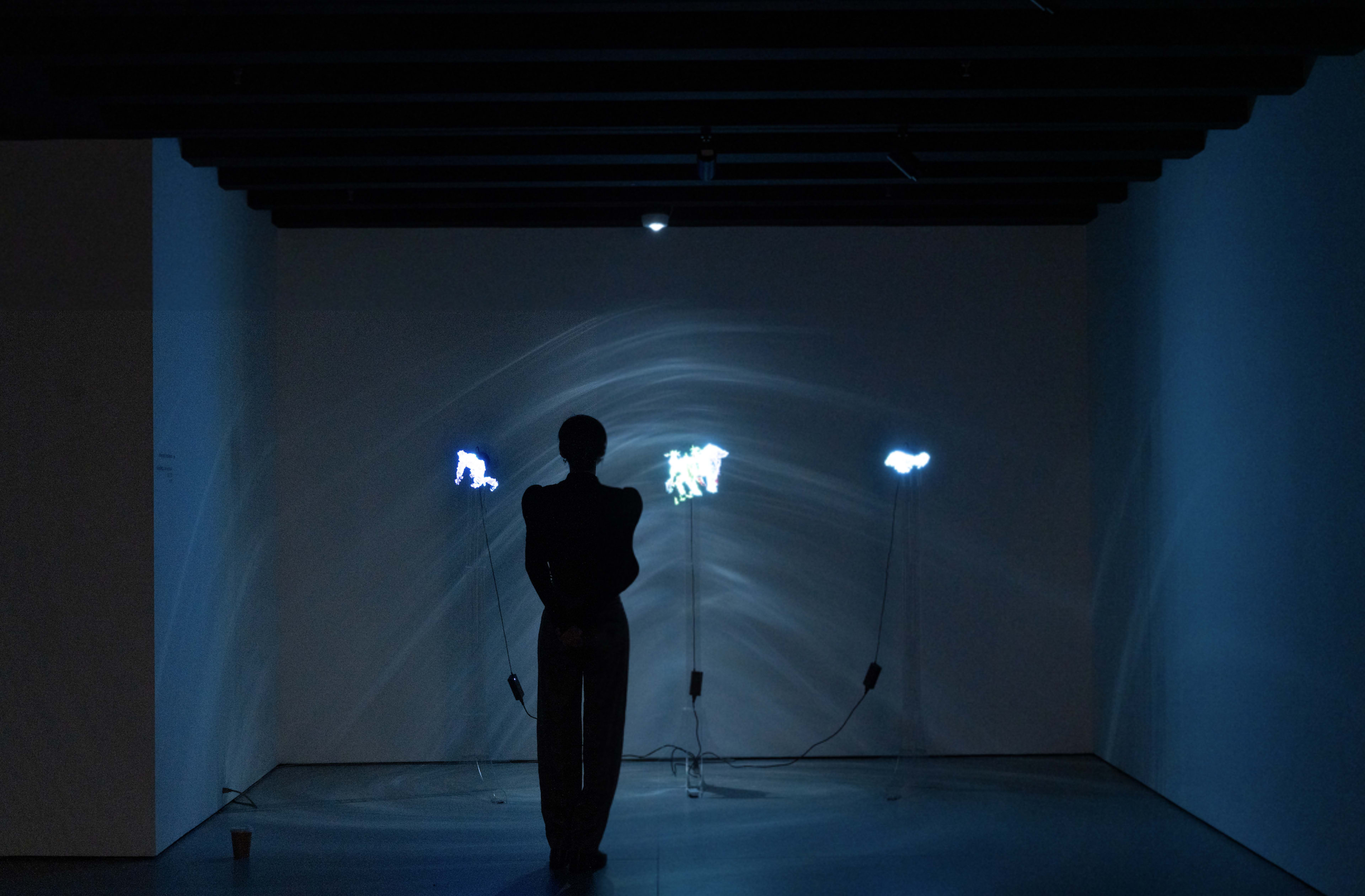 A silhouetted figure stands in an art gallery, facing three light installations that project colorful patterns onto the wall.