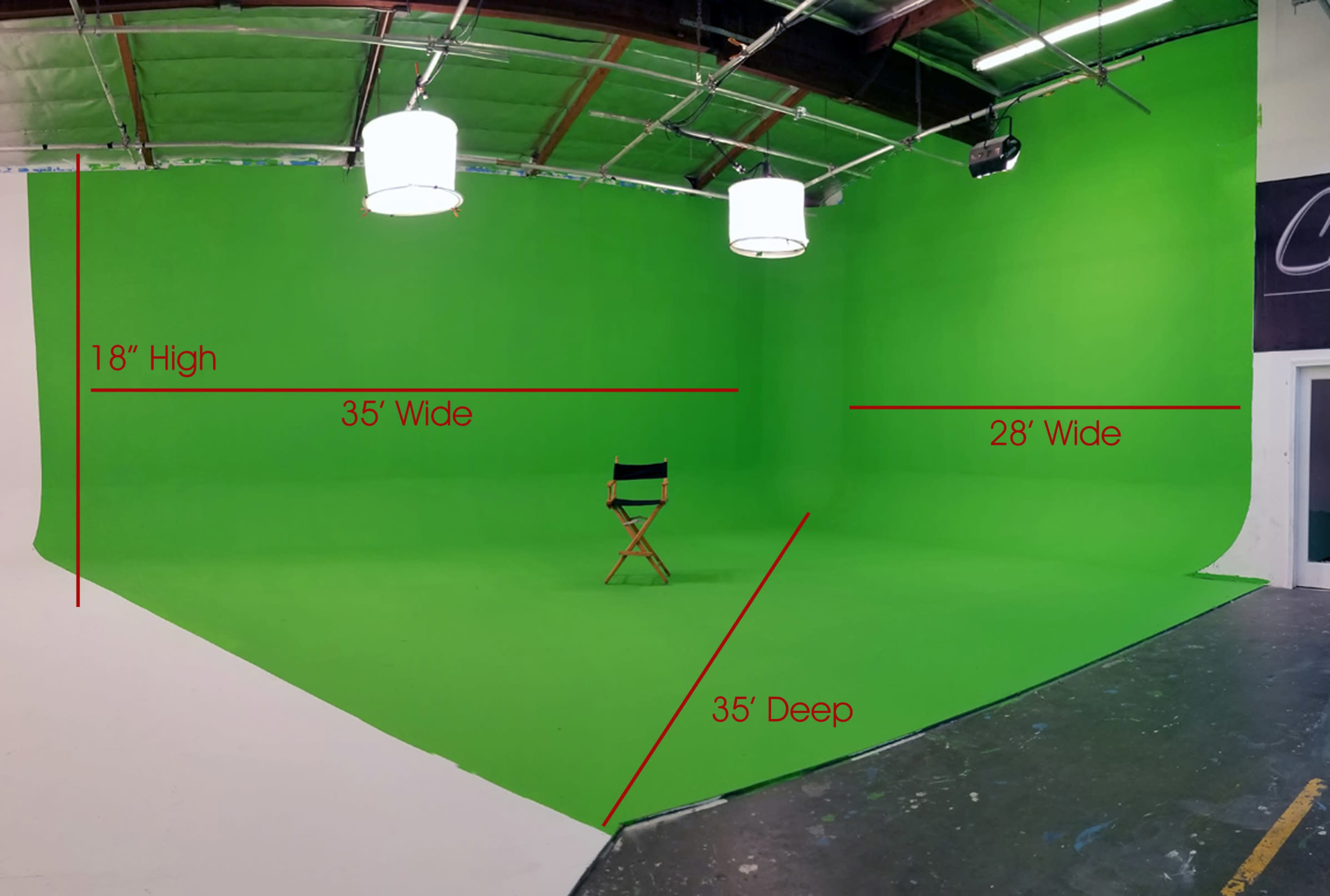 A green screen studio with dimensions labeled, including a tall green backdrop, a director's chair in the center, and measurements indicating the height, width, and depth of the space.