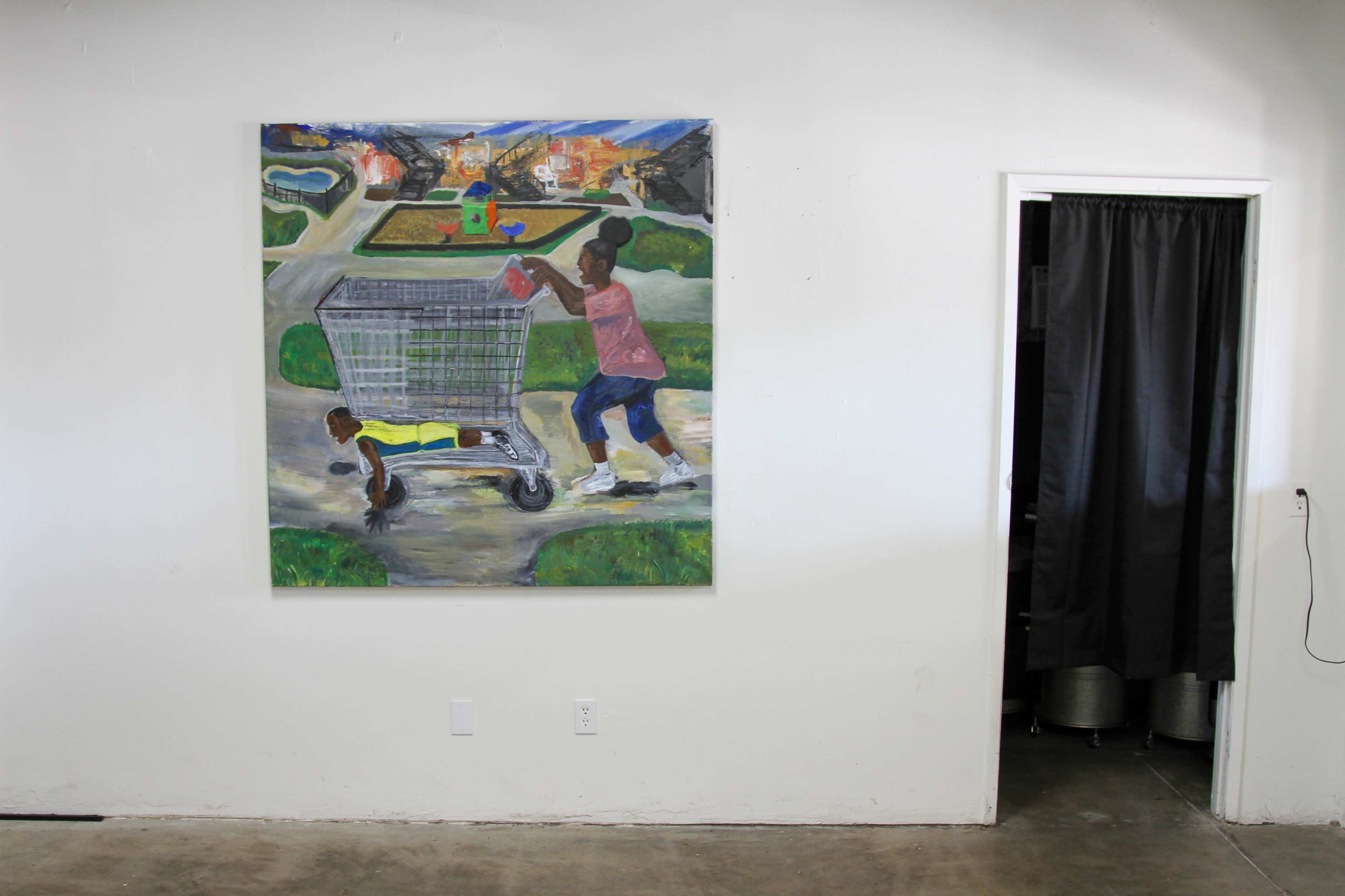 A large painting of a child pushing a shopping cart is displayed on a white wall next to an open doorway draped with a black curtain.