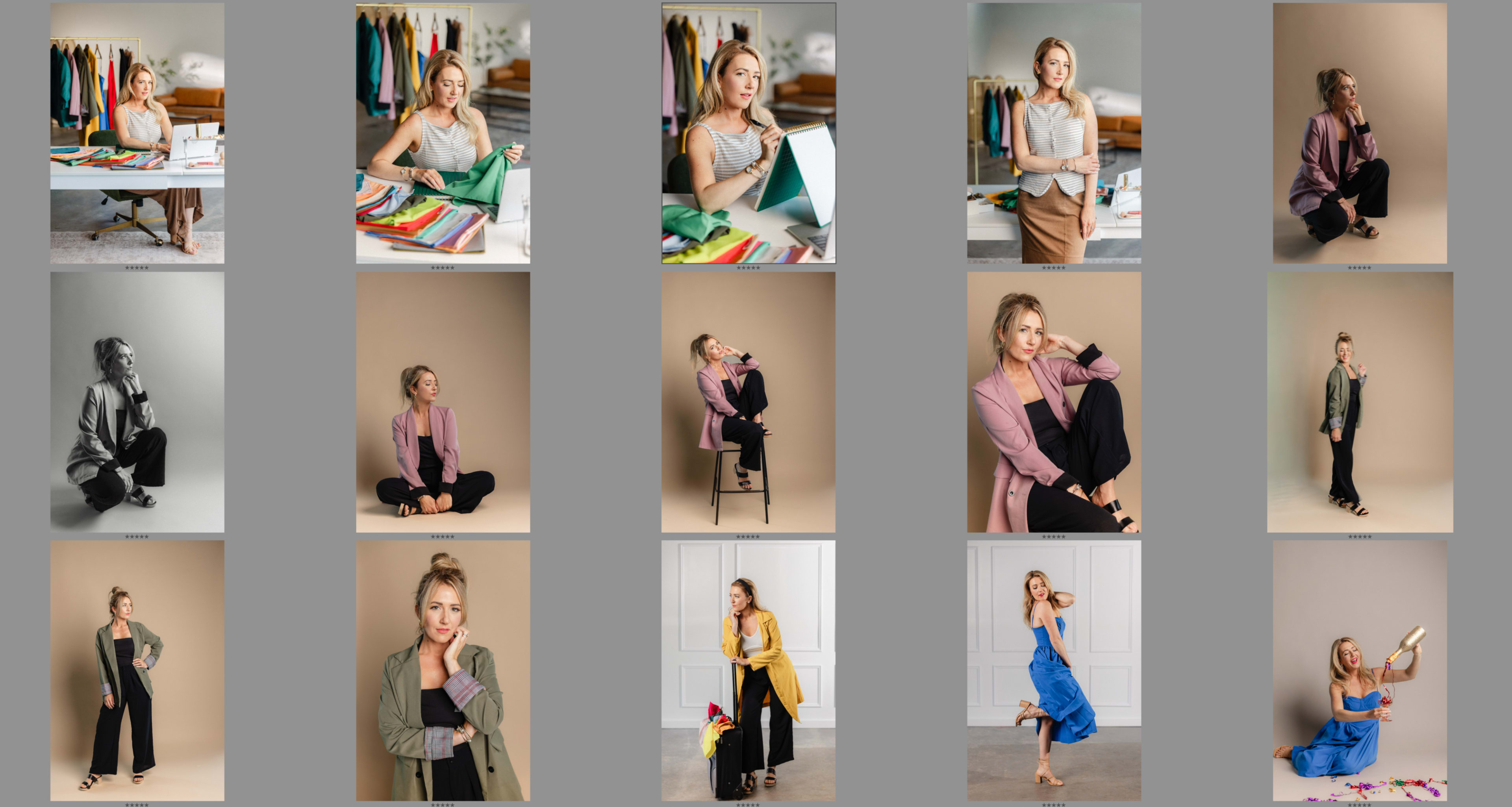 The image features a series of fashion photos showcasing a model in various outfits, including blouses, blazers, and dresses, against different backgrounds.