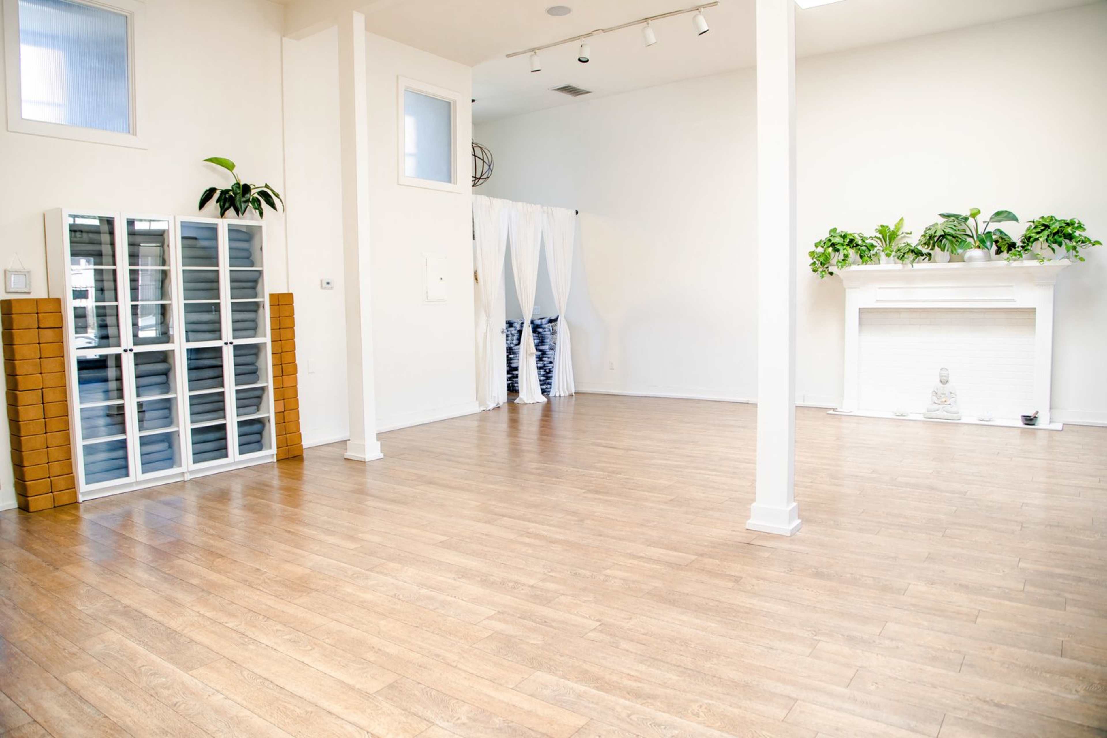 A spacious, brightly lit room with wooden flooring, a white fireplace, plants on a mantle, and a storage unit with glass doors.