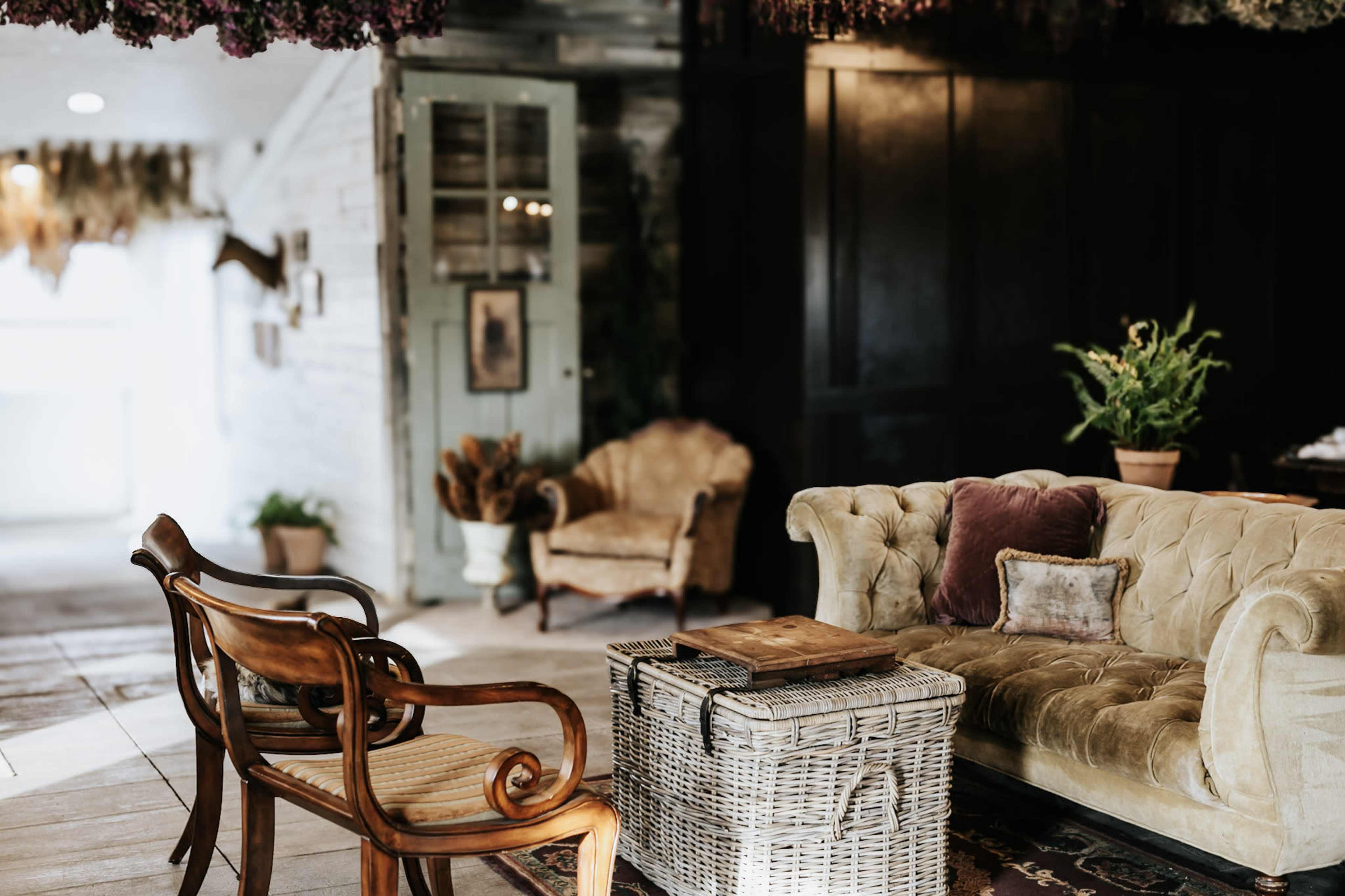 The image shows a cozy interior space featuring a plush sofa, a woven basket table, and vintage armchairs, with potted plants and dried flowers in the background.