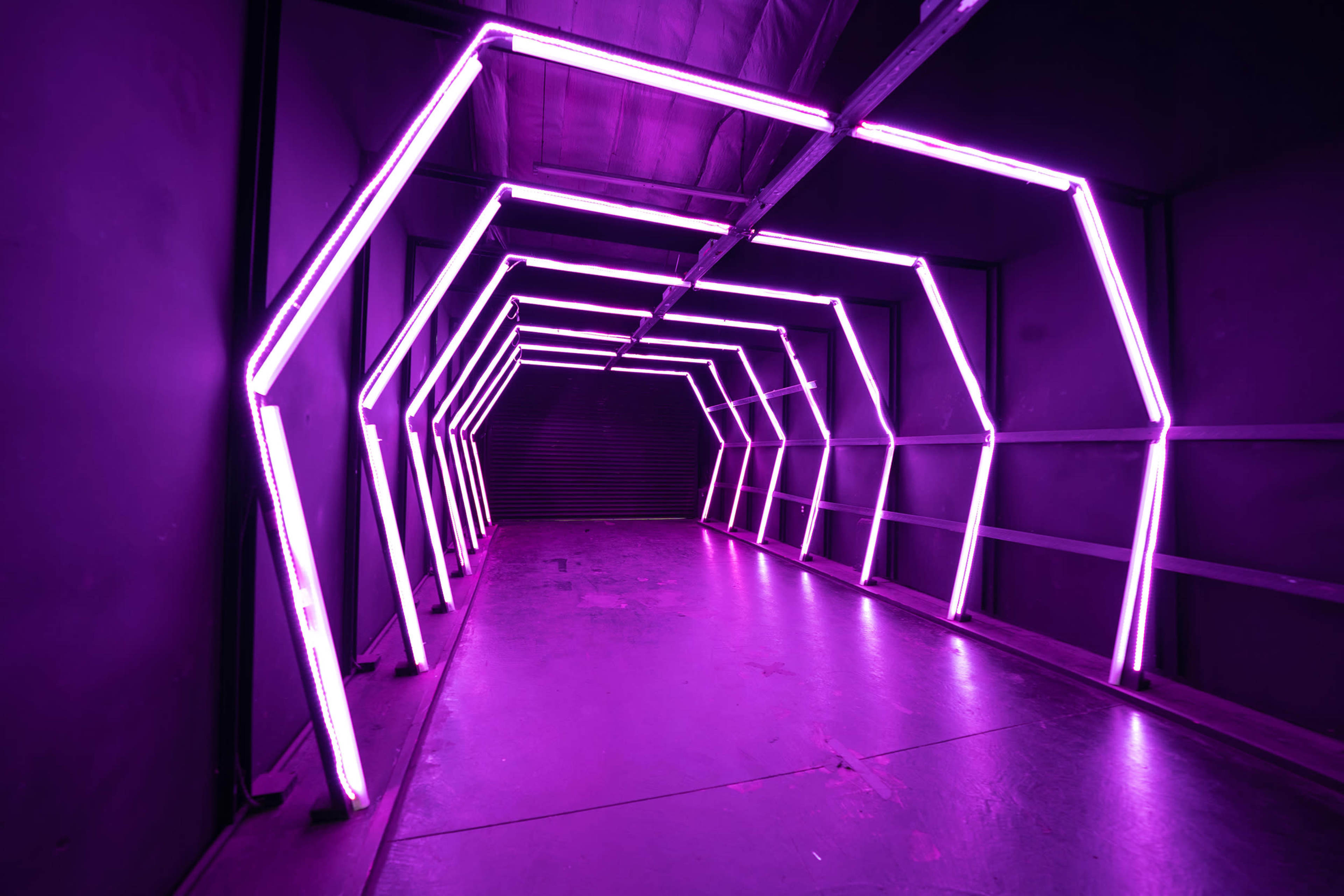 A dimly lit corridor features angular frames illuminated by purple neon lights.