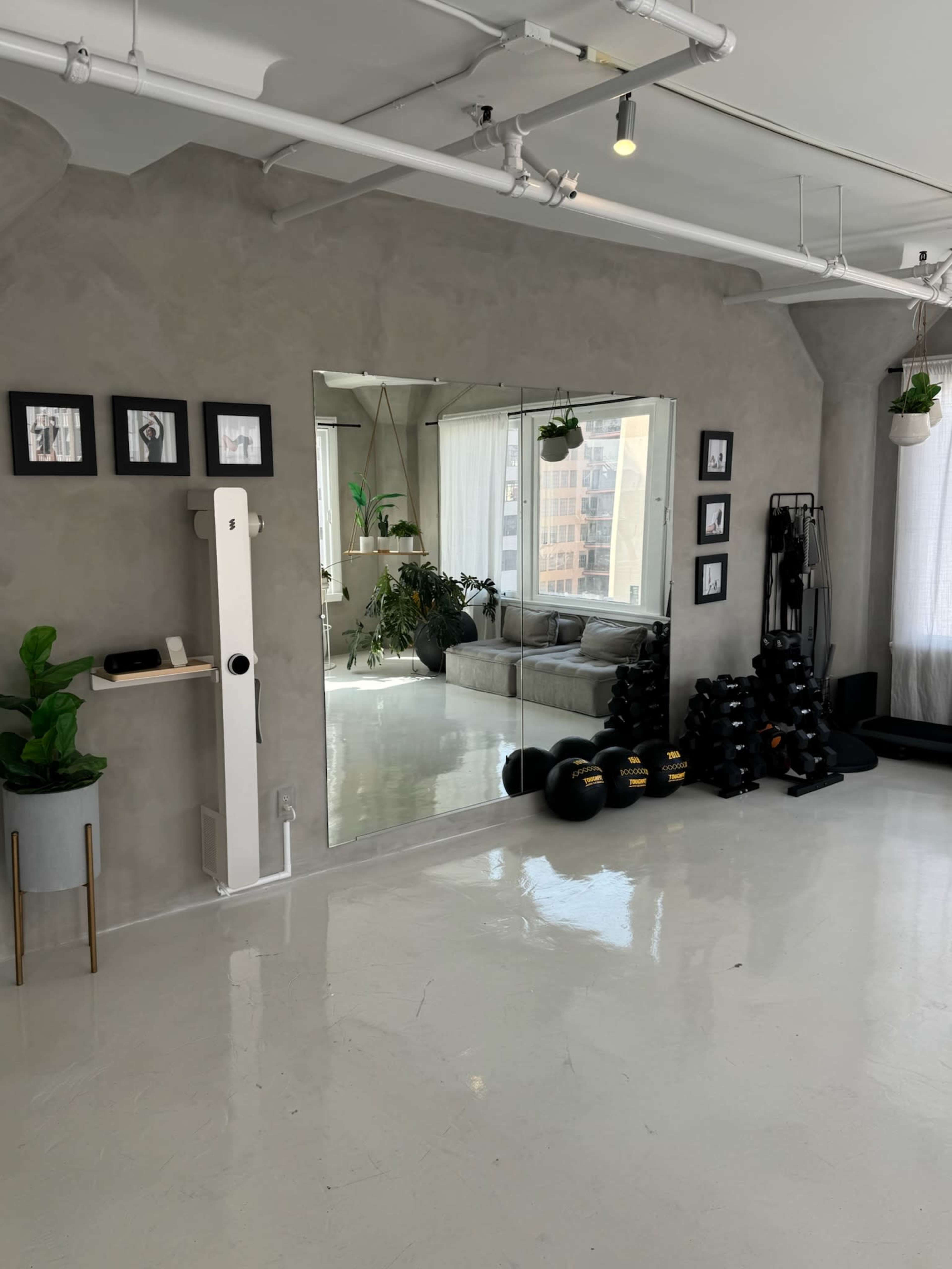 The image shows a modern fitness space with a large mirror, exercise equipment, and plants, featuring gray walls and polished white flooring.