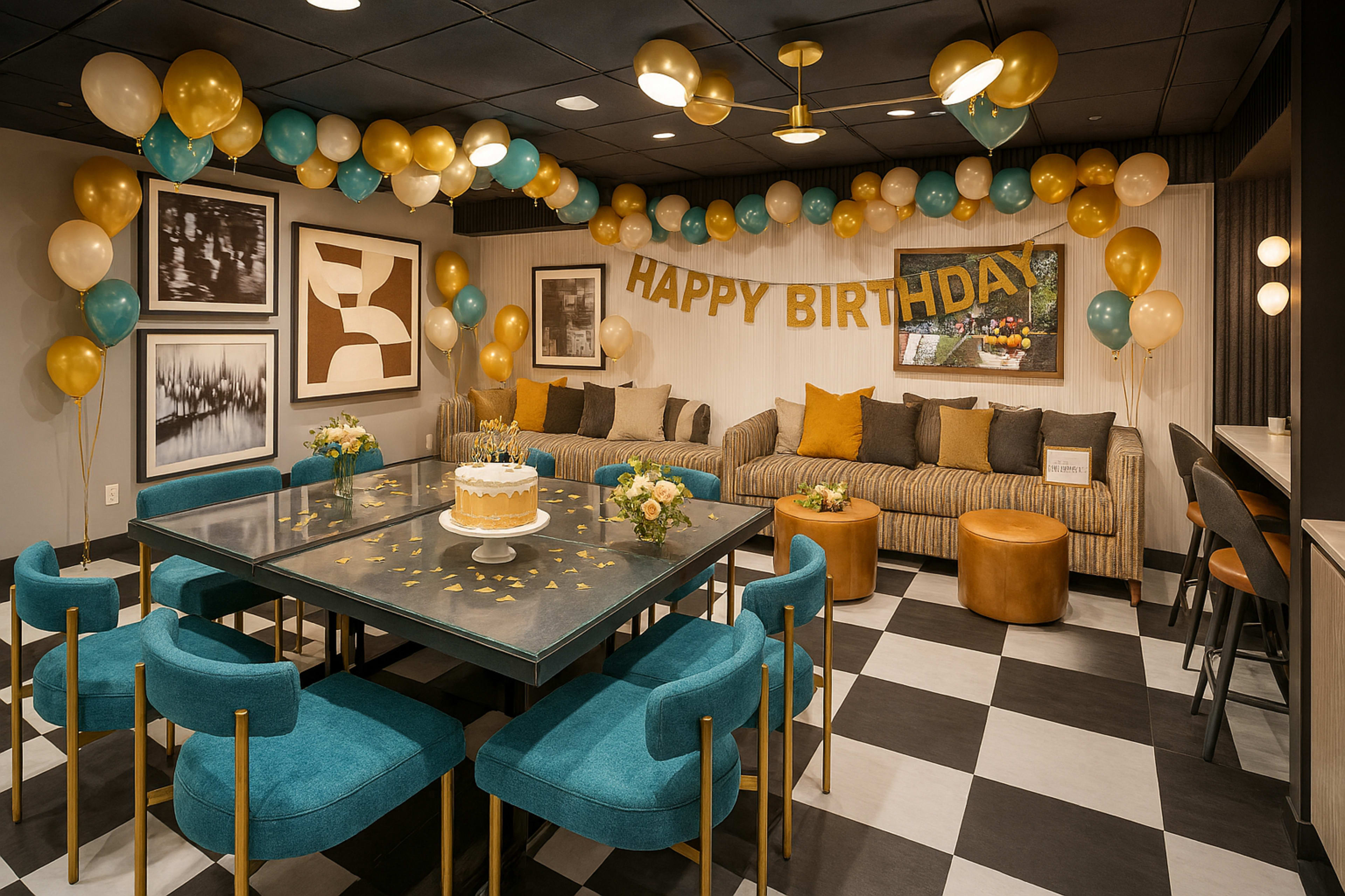 A birthday celebration room is decorated with balloons and a banner, featuring a table with a cake and a seating area with colorful chairs.