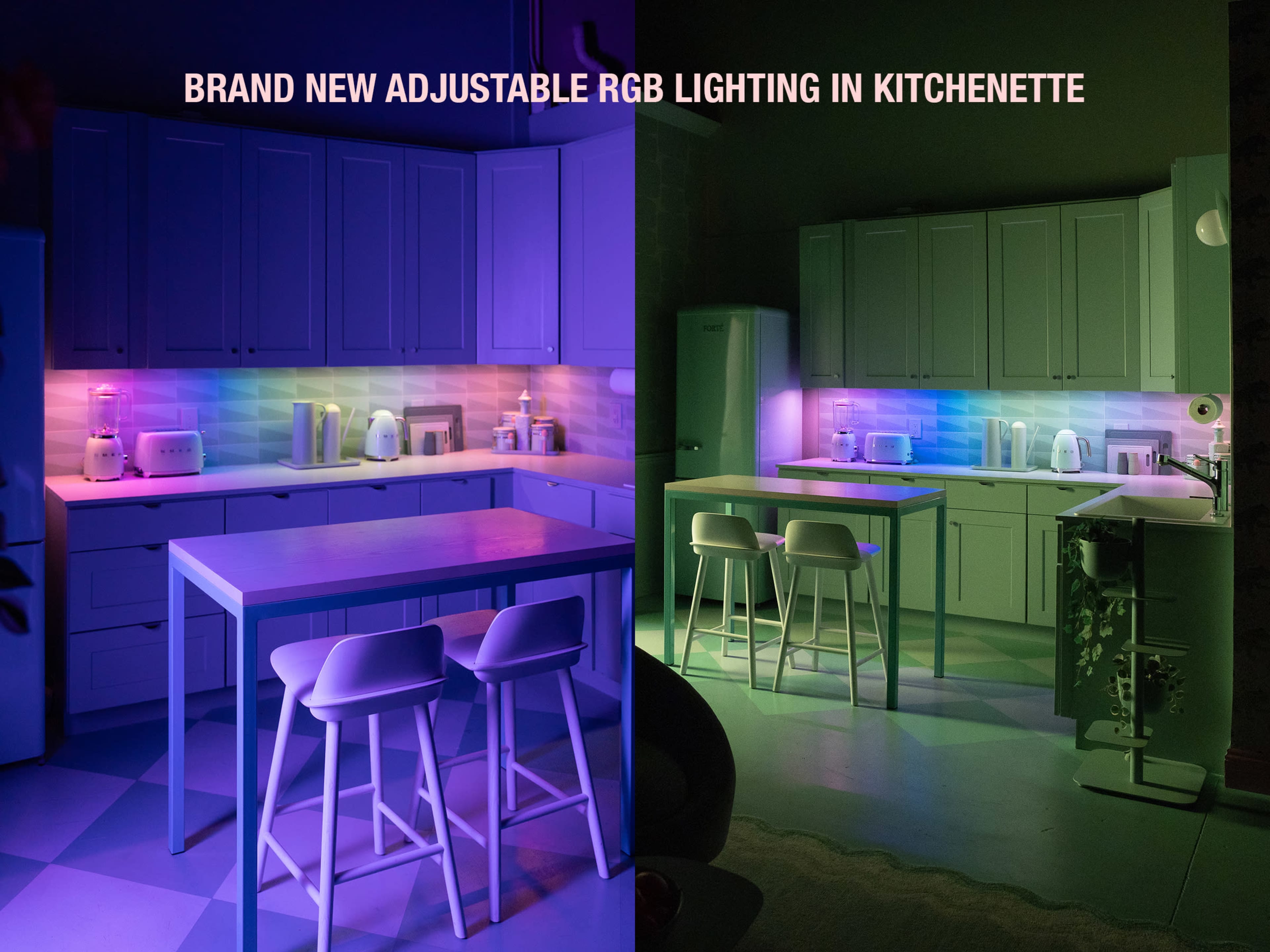 The image shows a kitchenette with adjustable RGB lighting, featuring a table and chairs illuminated in various colors against a modern cabinet backdrop.
