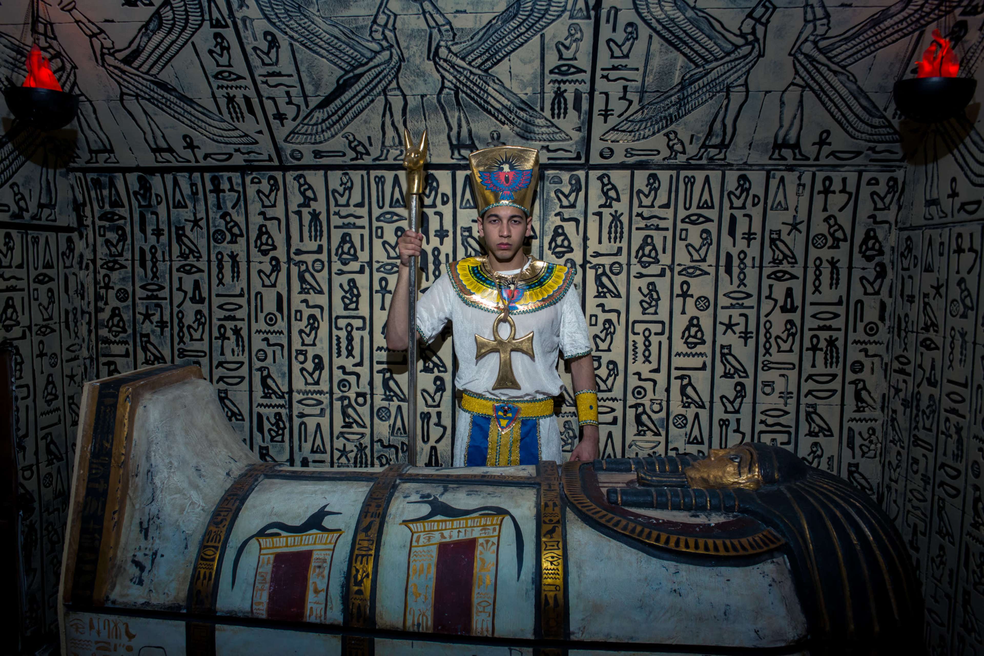 A figure stands beside an elaborately decorated sarcophagus in a room adorned with ancient Egyptian hieroglyphs.