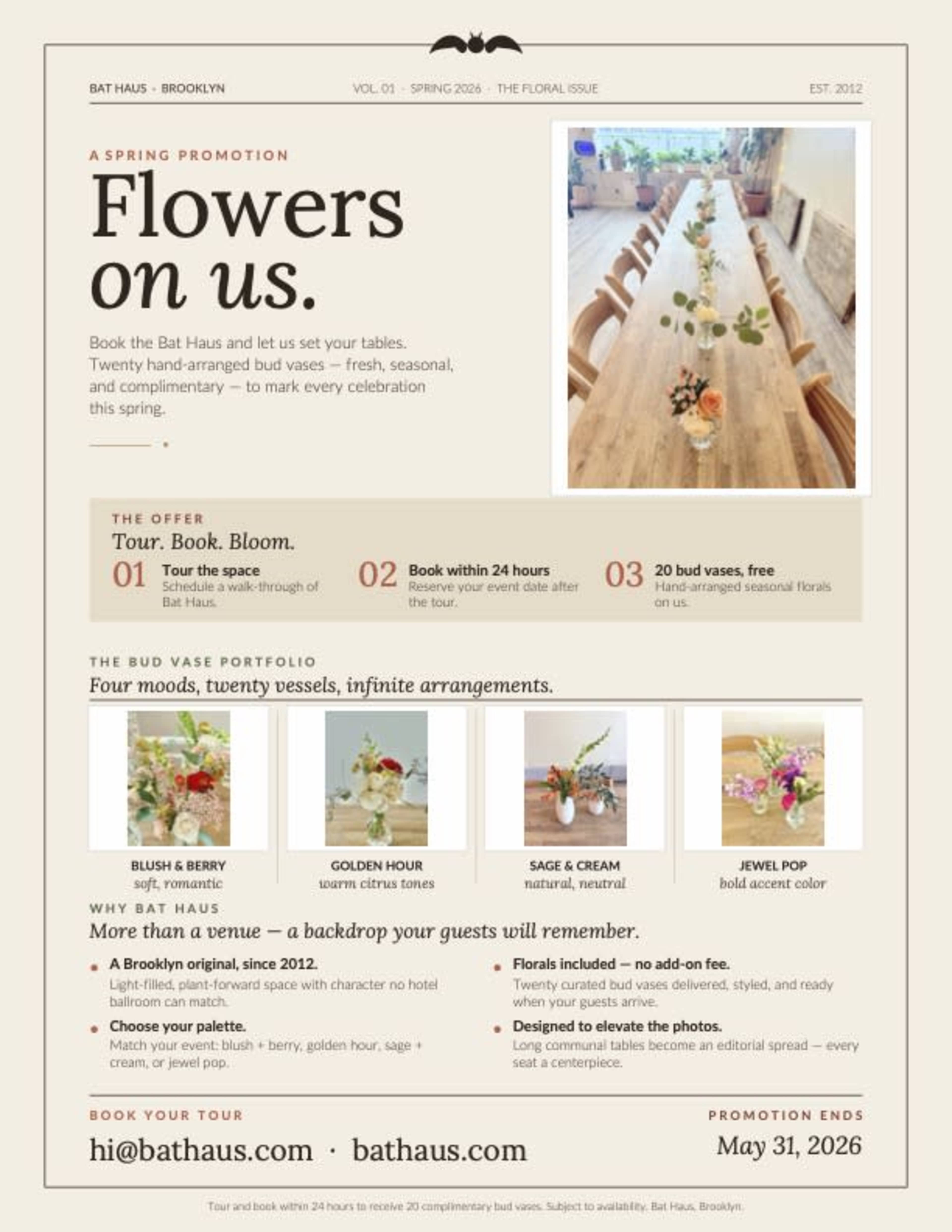 The image is a promotional flyer for a flower arrangement service, featuring details about booking options, types of arrangements, and timelines for delivery.