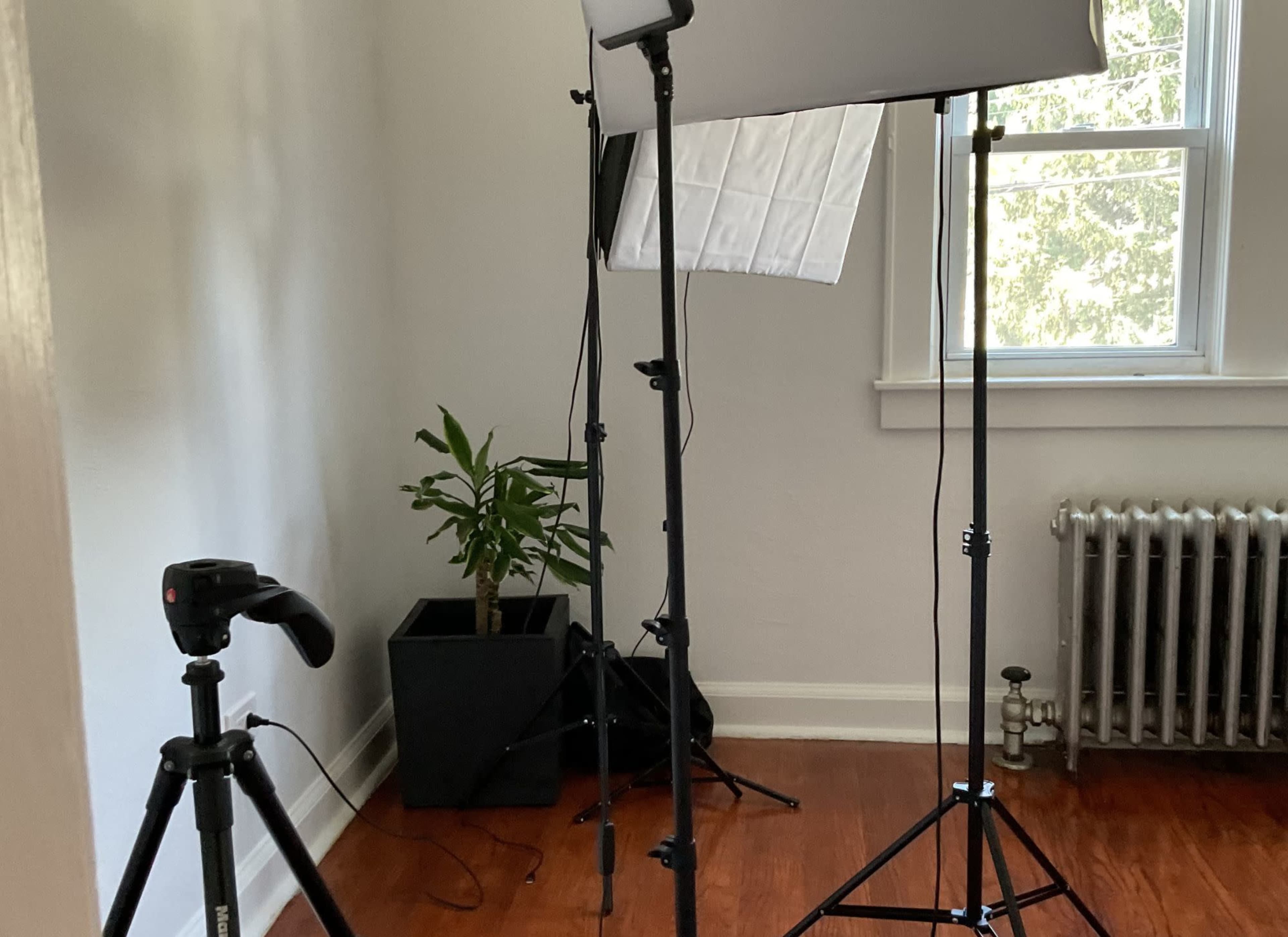 The image shows a small room with a filming setup that includes a lighting umbrella on a stand, a camera tripod, and a potted plant in the corner.