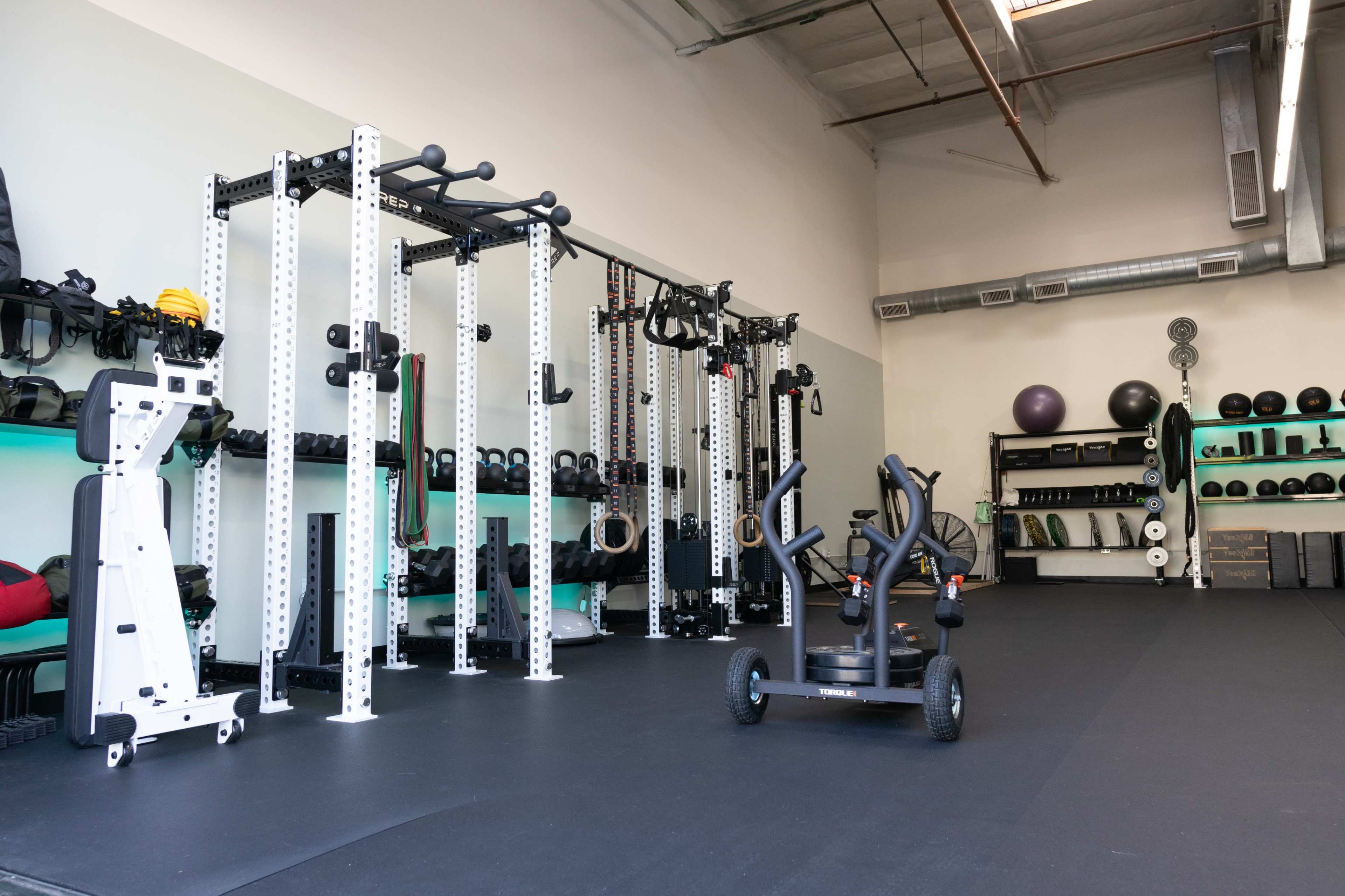 A well-equipped gym featuring a functional training rig, exercise equipment, and weights arranged on shelves.