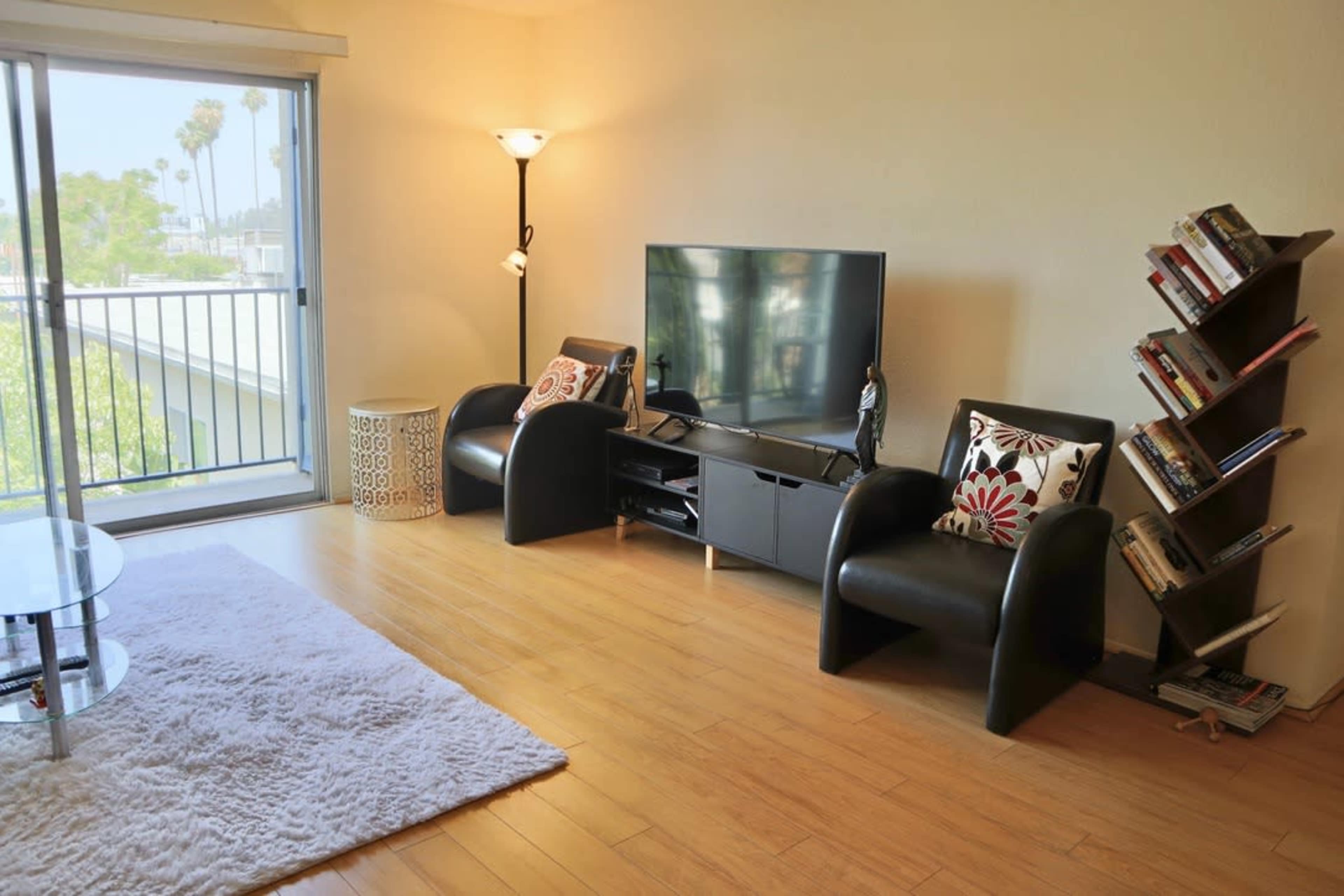 The living room features two black chairs, a television on a low cabinet, a glass coffee table, and a bookshelf beside large sliding glass doors that open to a balcony.