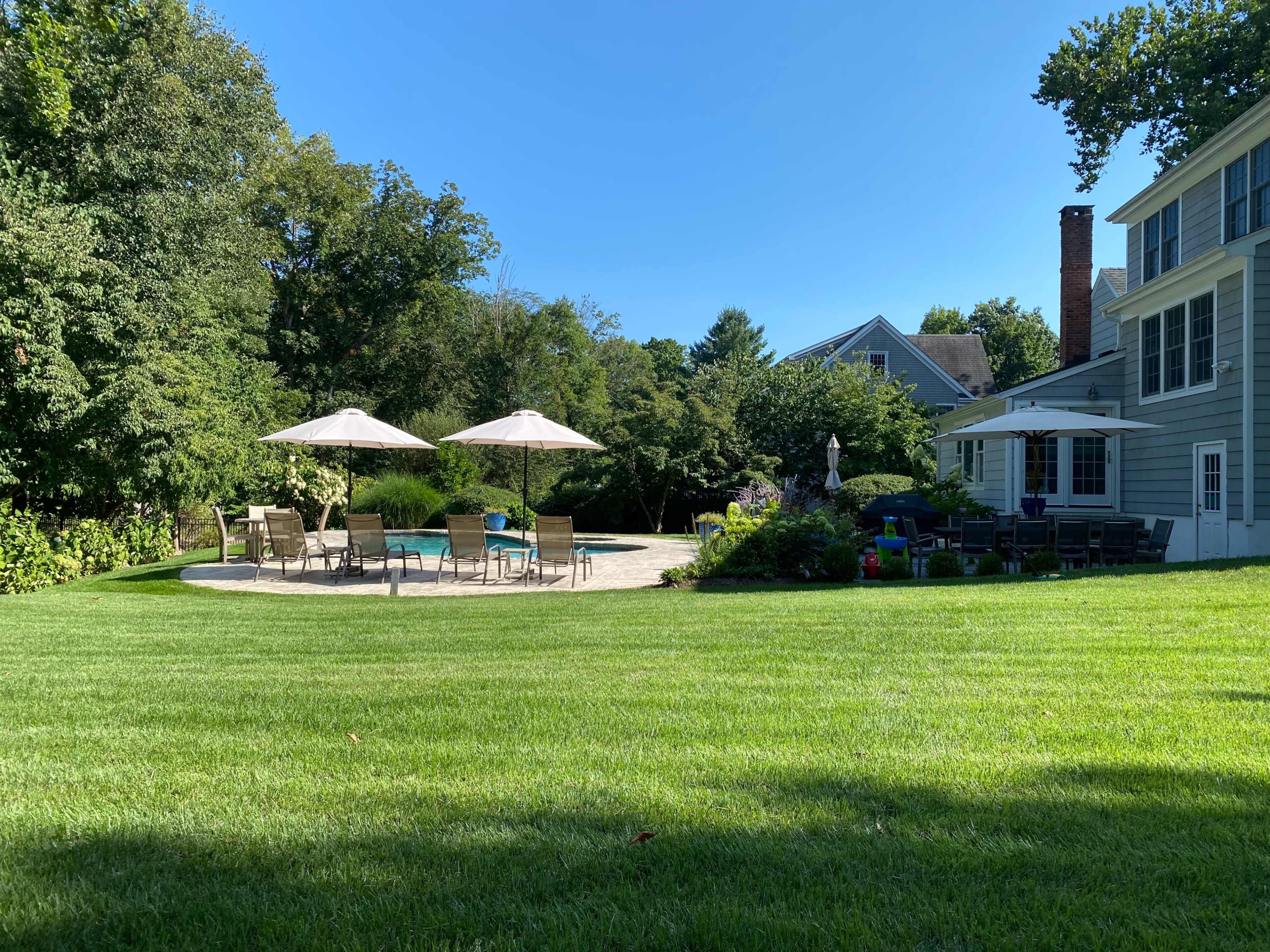 A well-maintained lawn with a patio featuring two umbrellas and lounge chairs beside a swimming pool, surrounded by trees and residential buildings.