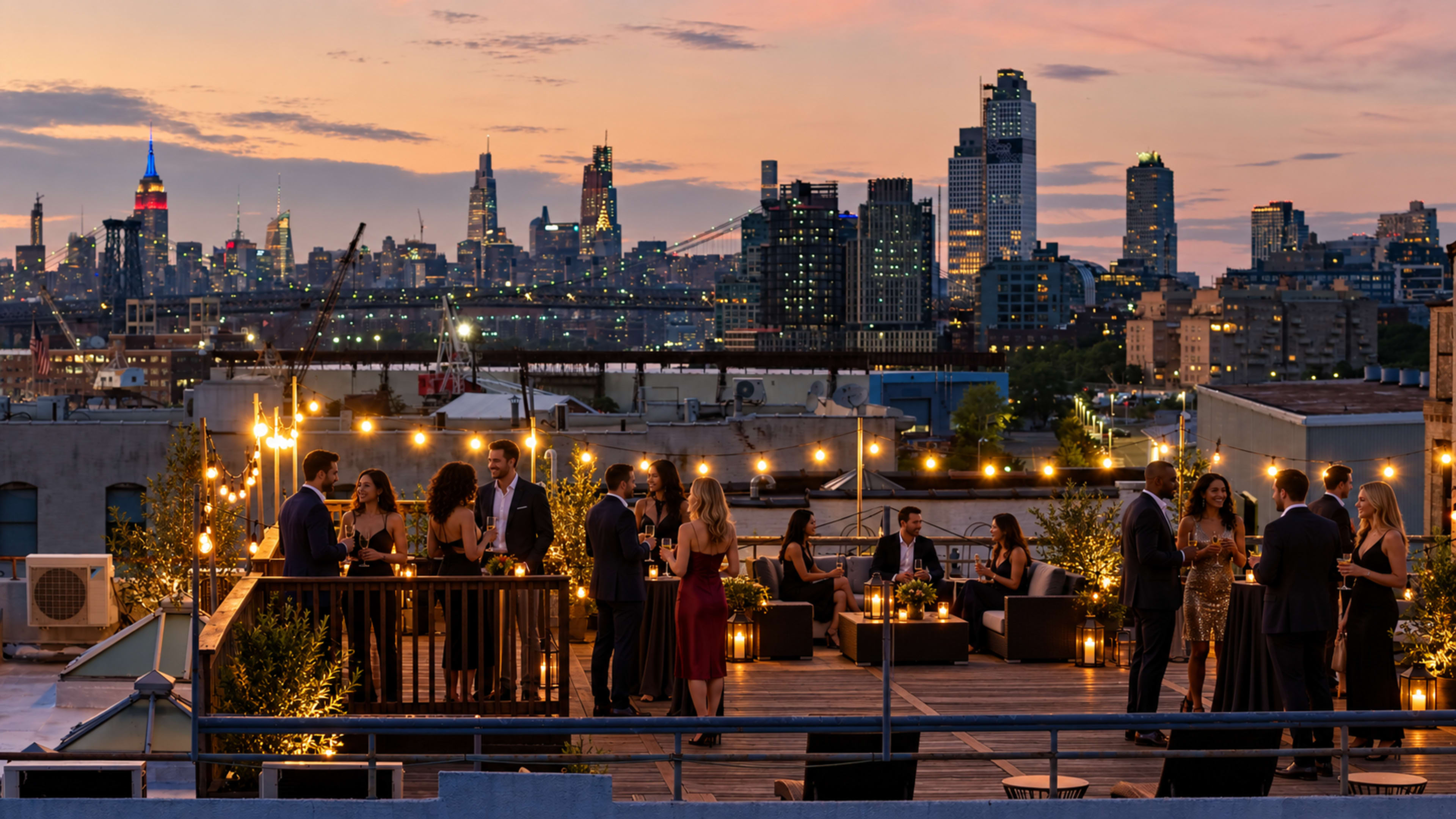 A rooftop event takes place in an urban setting, featuring guests mingling under string lights with a skyline view of skyscrapers at sunset.