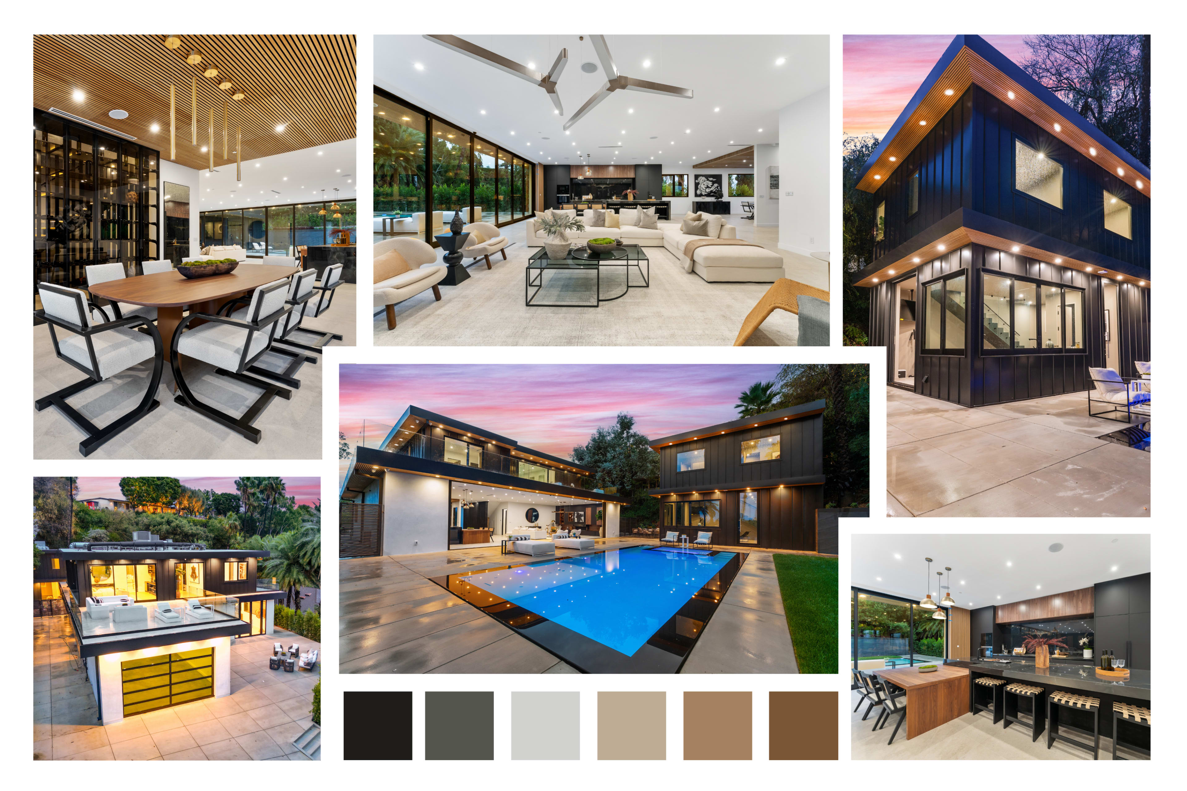 The image showcases a modern house featuring an open-concept living area, a sleek kitchen, a spacious outdoor pool, and various sections with contemporary design elements.