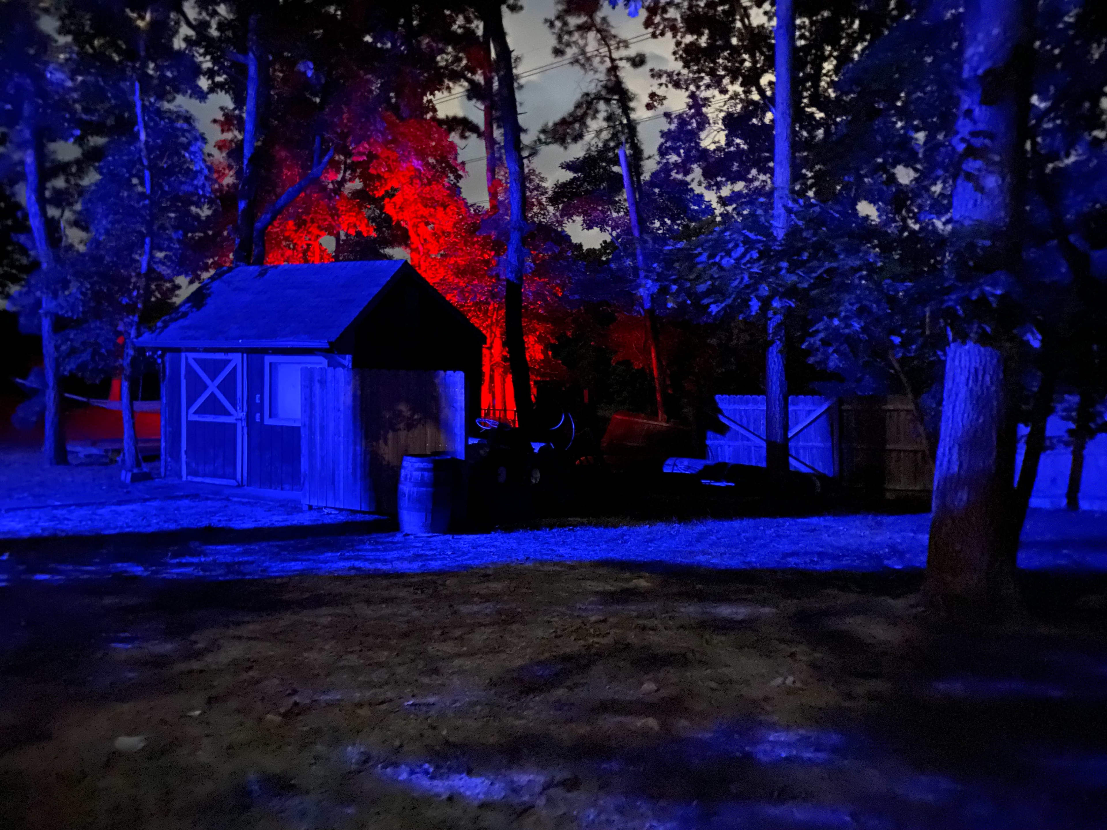 A small wooden shed is illuminated by blue and red lights in a wooded area at night.