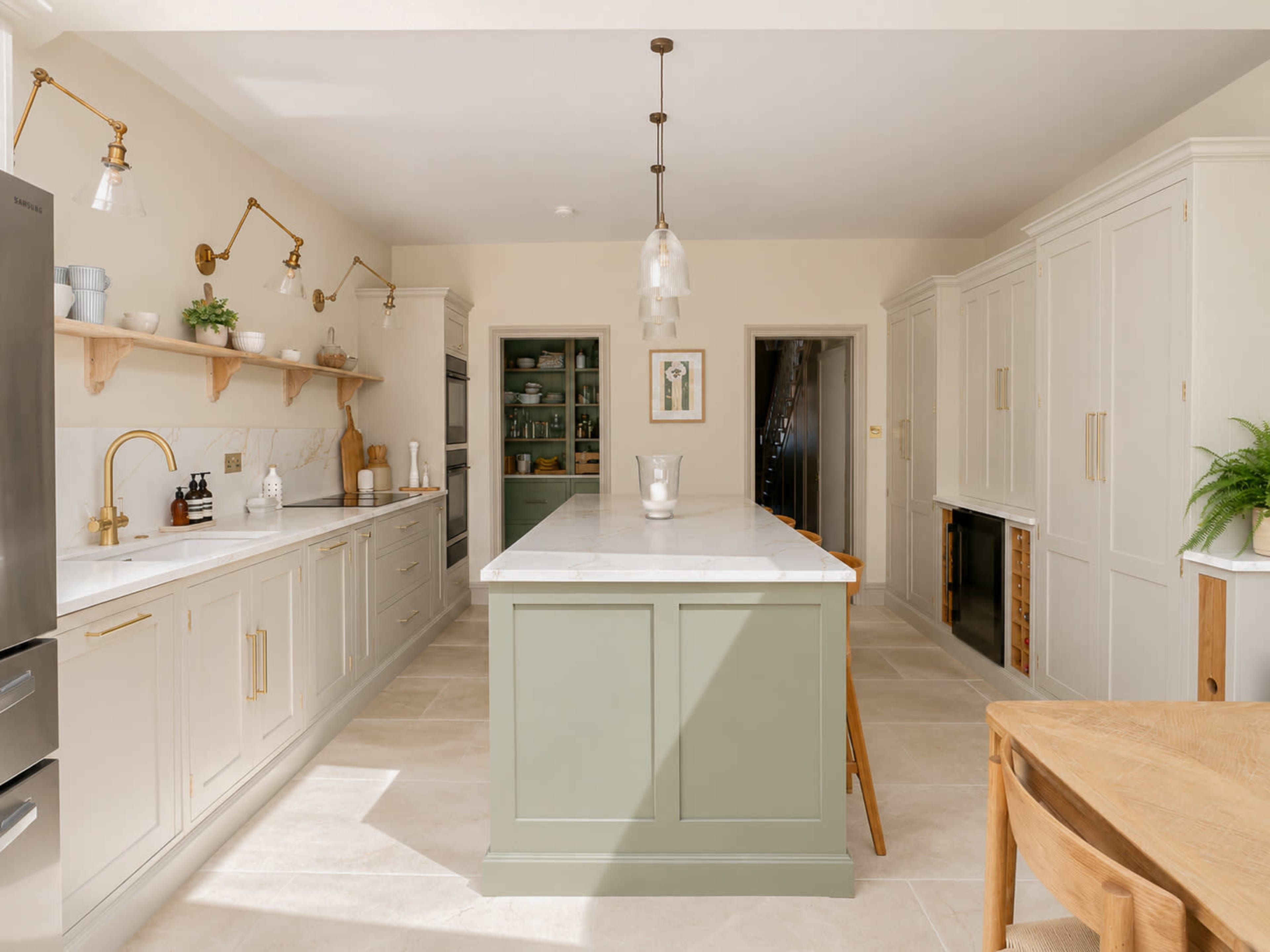 The kitchen features light-colored cabinetry, a large central island with a marble countertop, and pendant lighting.