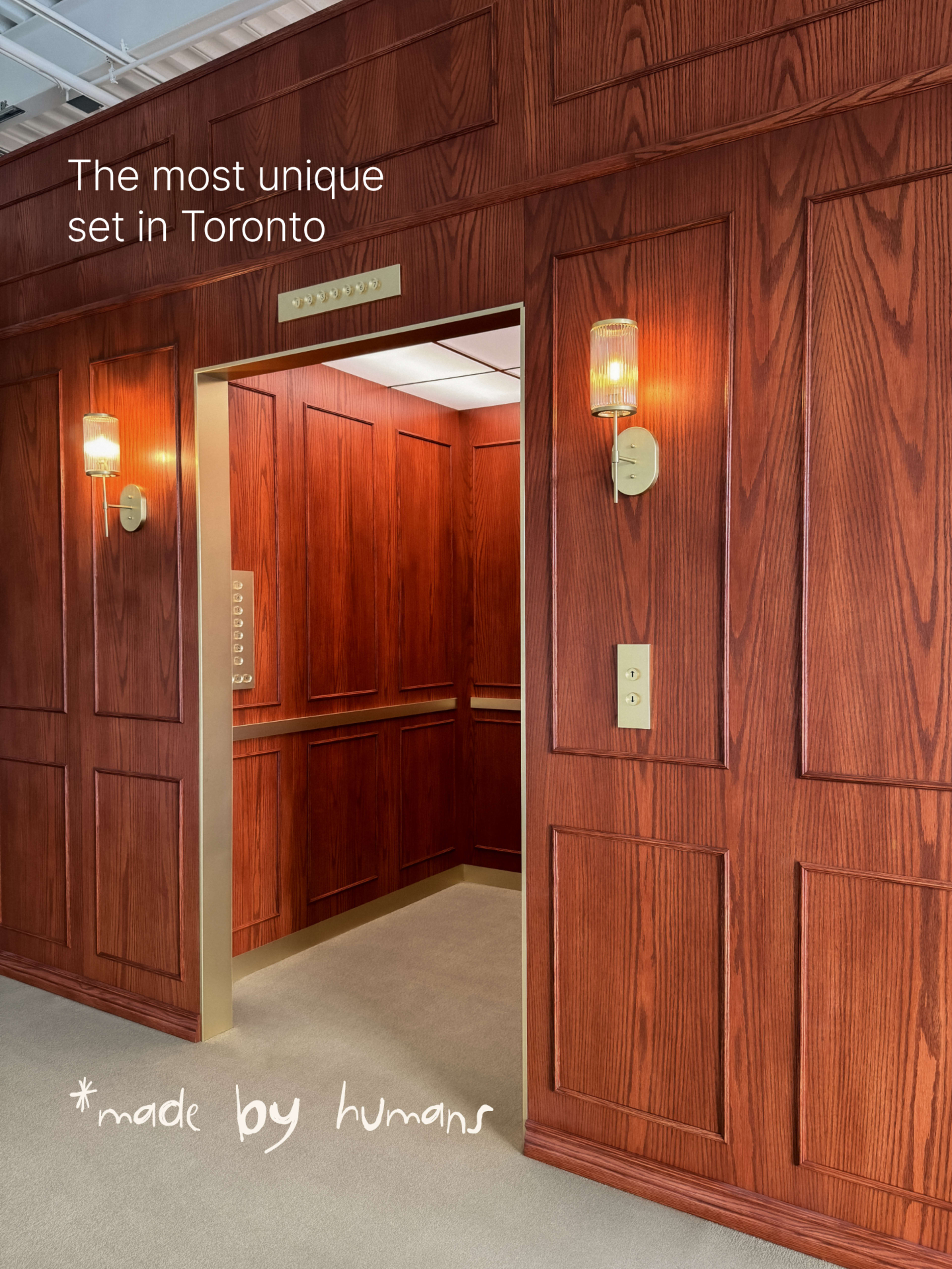 The image shows a wooden-paneled elevator with a brass-colored door and lighting, set against a richly textured wall.