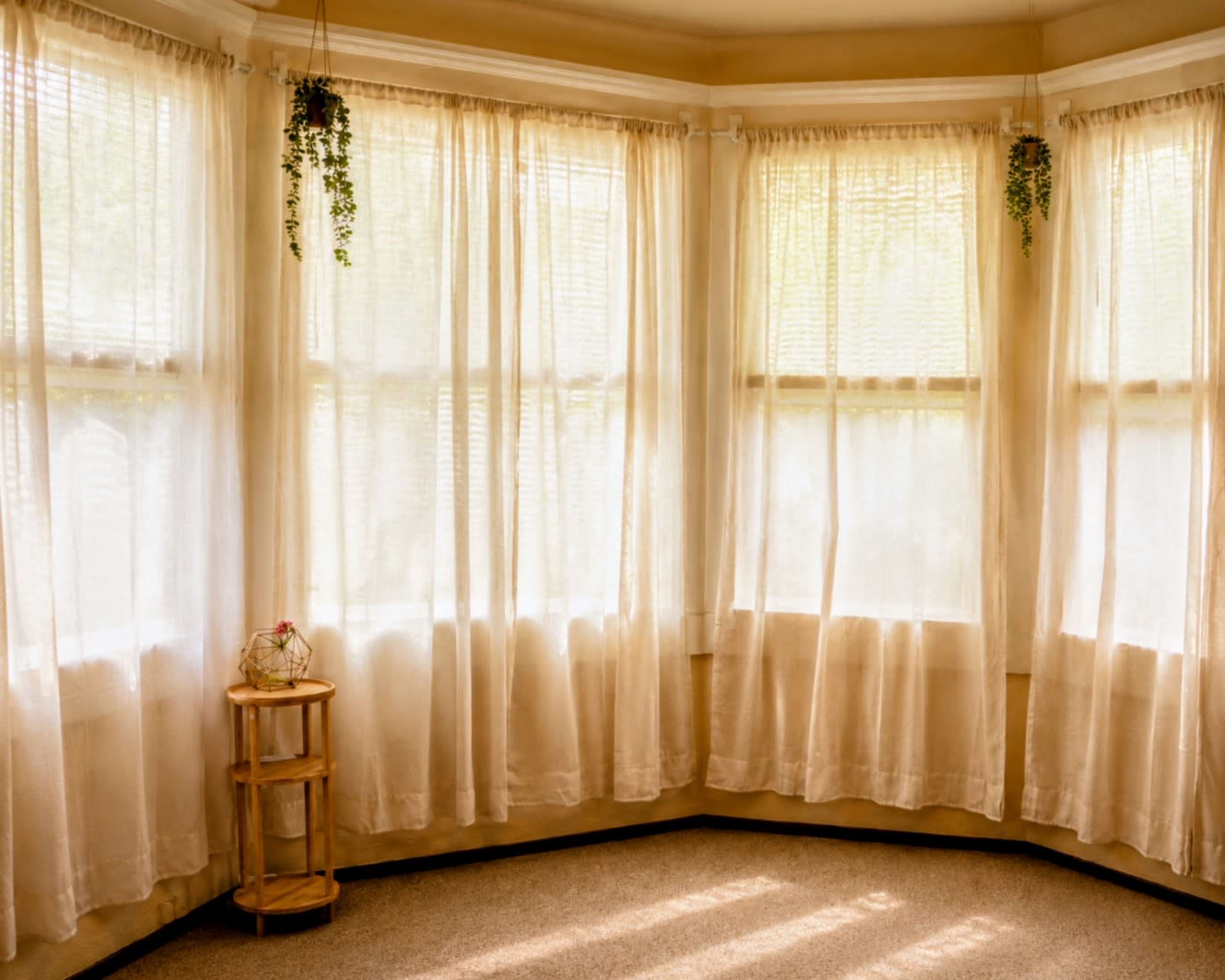 The image shows a brightly lit corner of a room with large windows covered by sheer curtains and a small wooden table in the foreground.