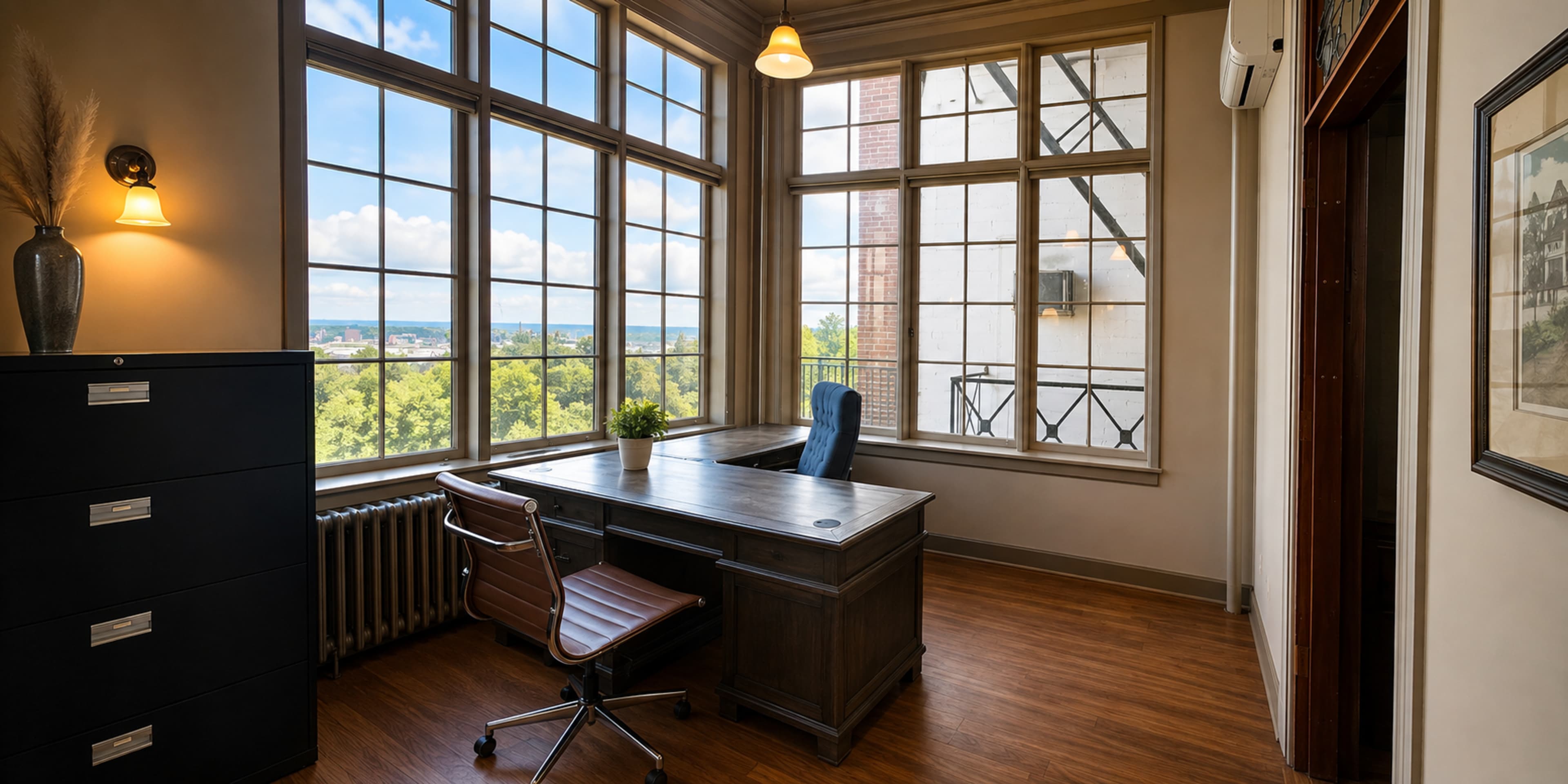 A well-lit office with large windows, a wooden desk, and a modern chair overlooks a scenic view.