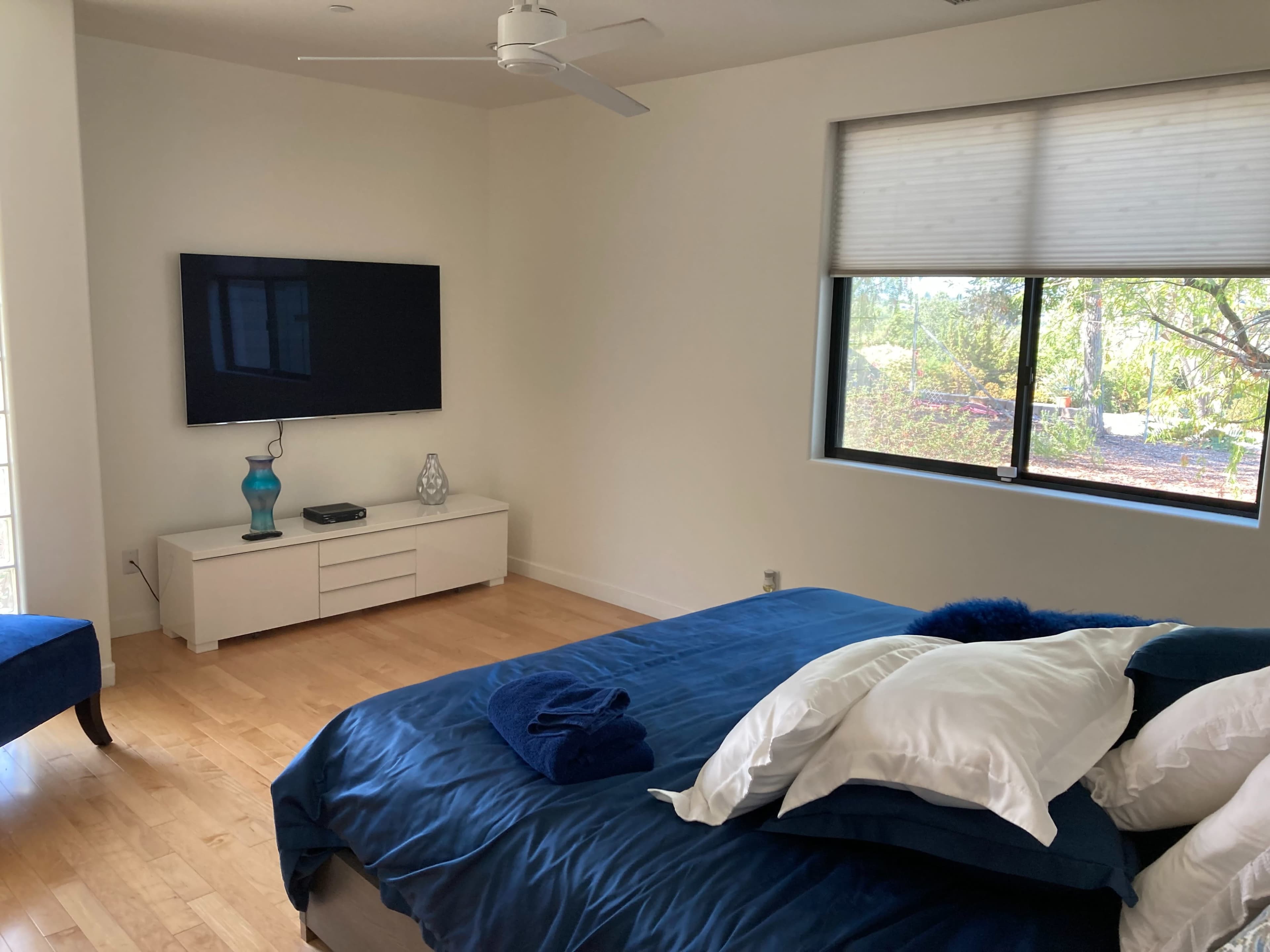 A spacious bedroom features a large bed with blue bedding, a wall-mounted flat-screen TV, and a window overlooking a green landscape.