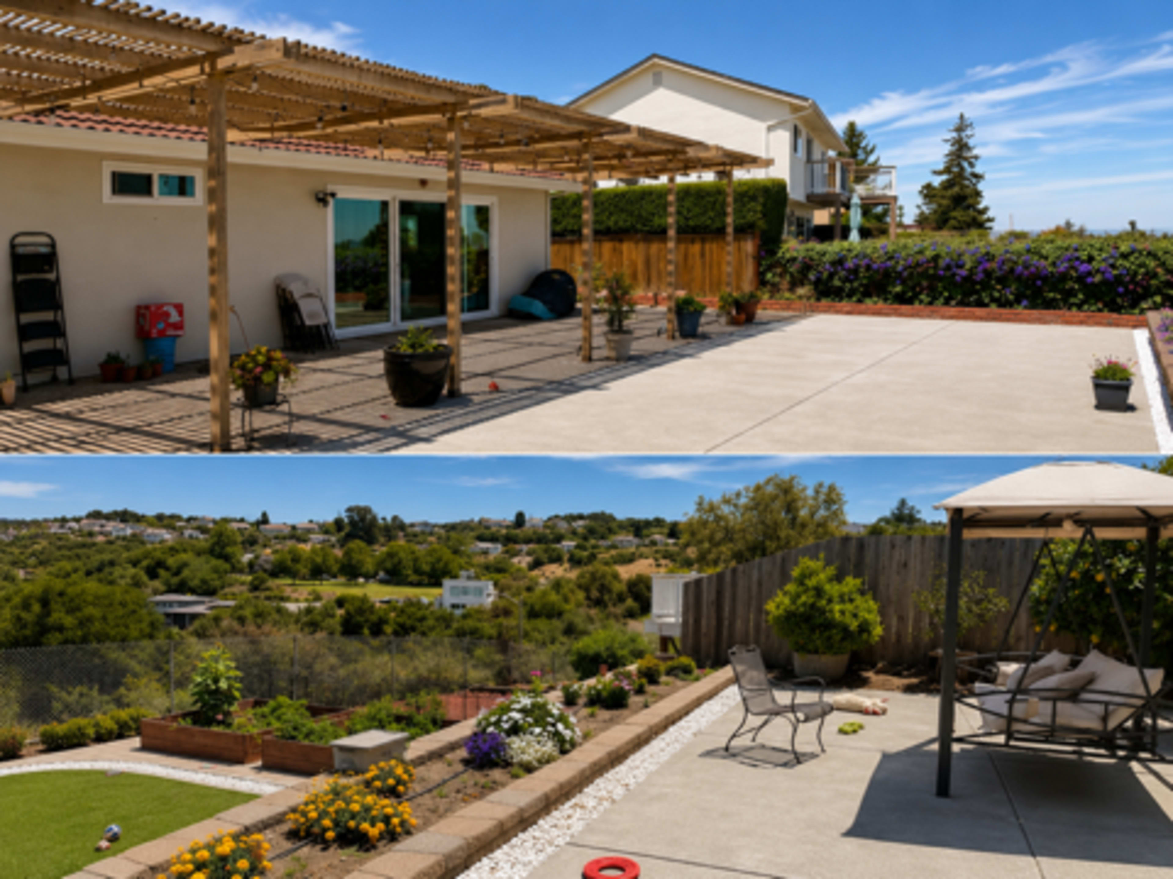 The image shows two views of a backyard patio area with a pergola, landscaped gardens, and seating arrangements.