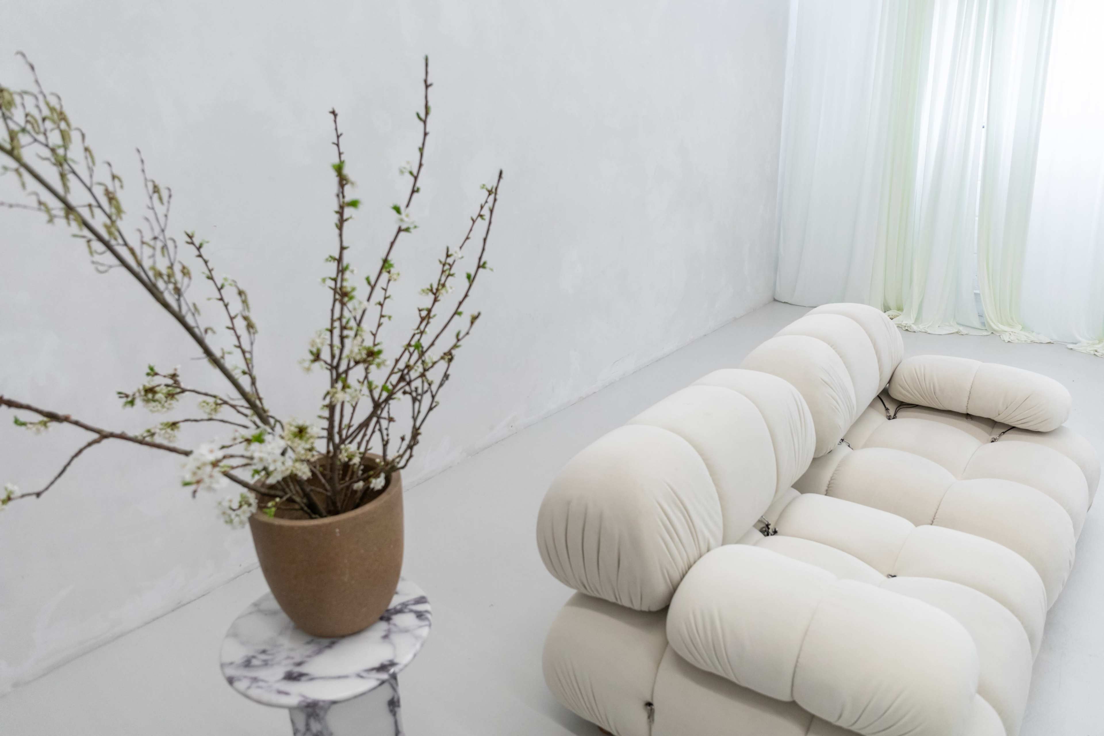 A plush, light-colored sofa sits near a soft-lit window, accompanied by a potted plant on a marble side table.