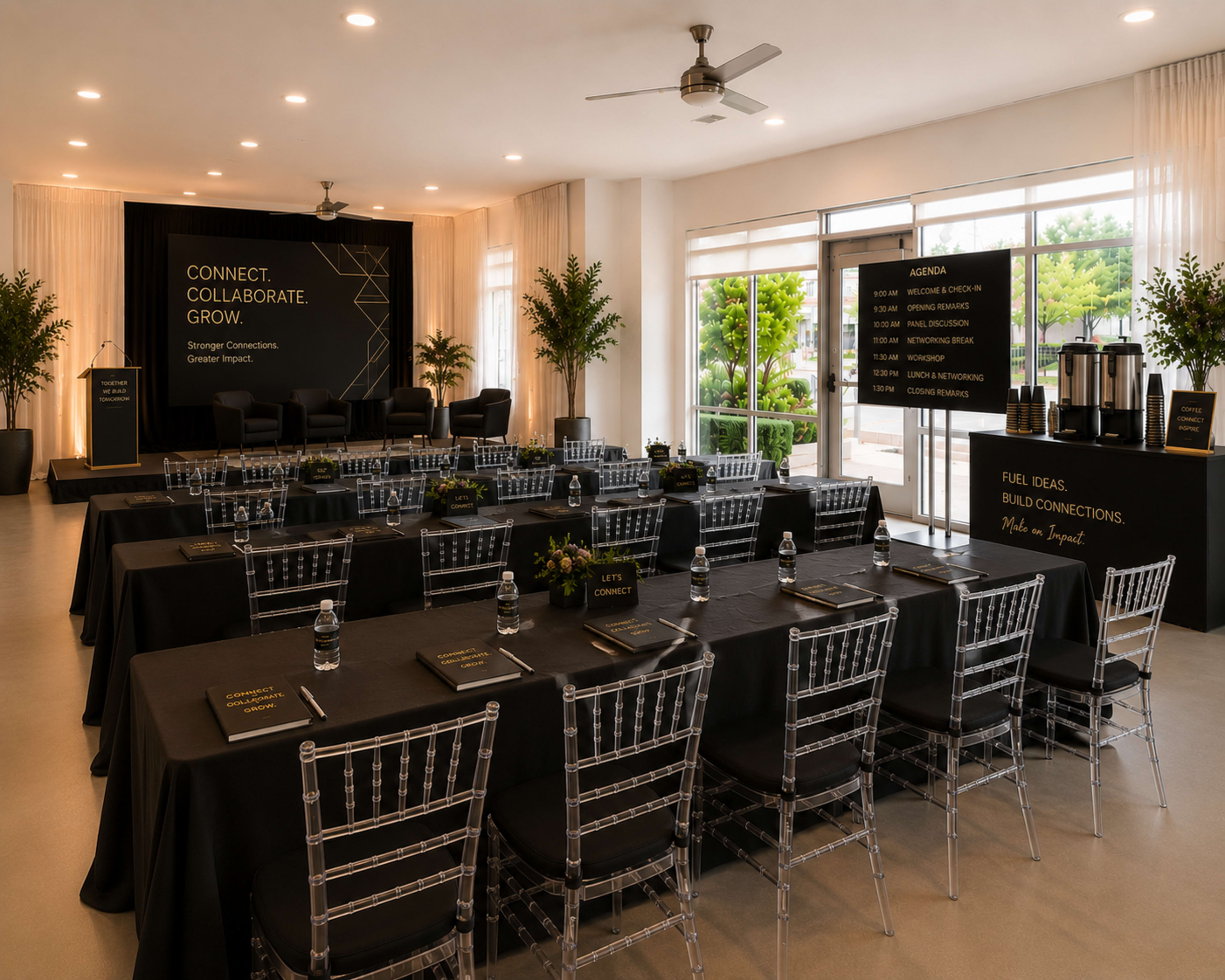 The image shows a conference room set up with tables arranged in a classroom style, featuring black tablecloths, water bottles, and a stage area with seating and a backdrop showcasing the theme "CONNECT. COLLABORATE. GROW."