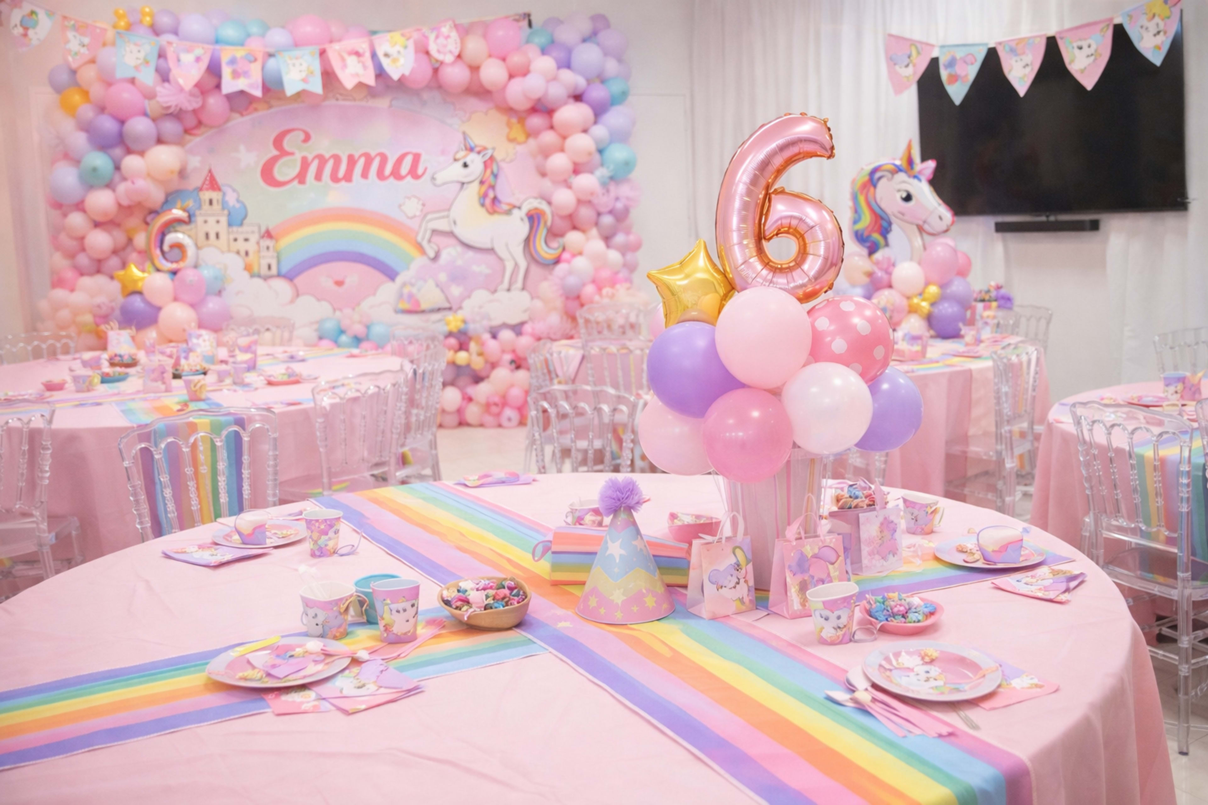 A colorful birthday party setup features tables adorned with pastel decorations, balloons, and a backdrop of a unicorn-themed scene celebrating a sixth birthday.