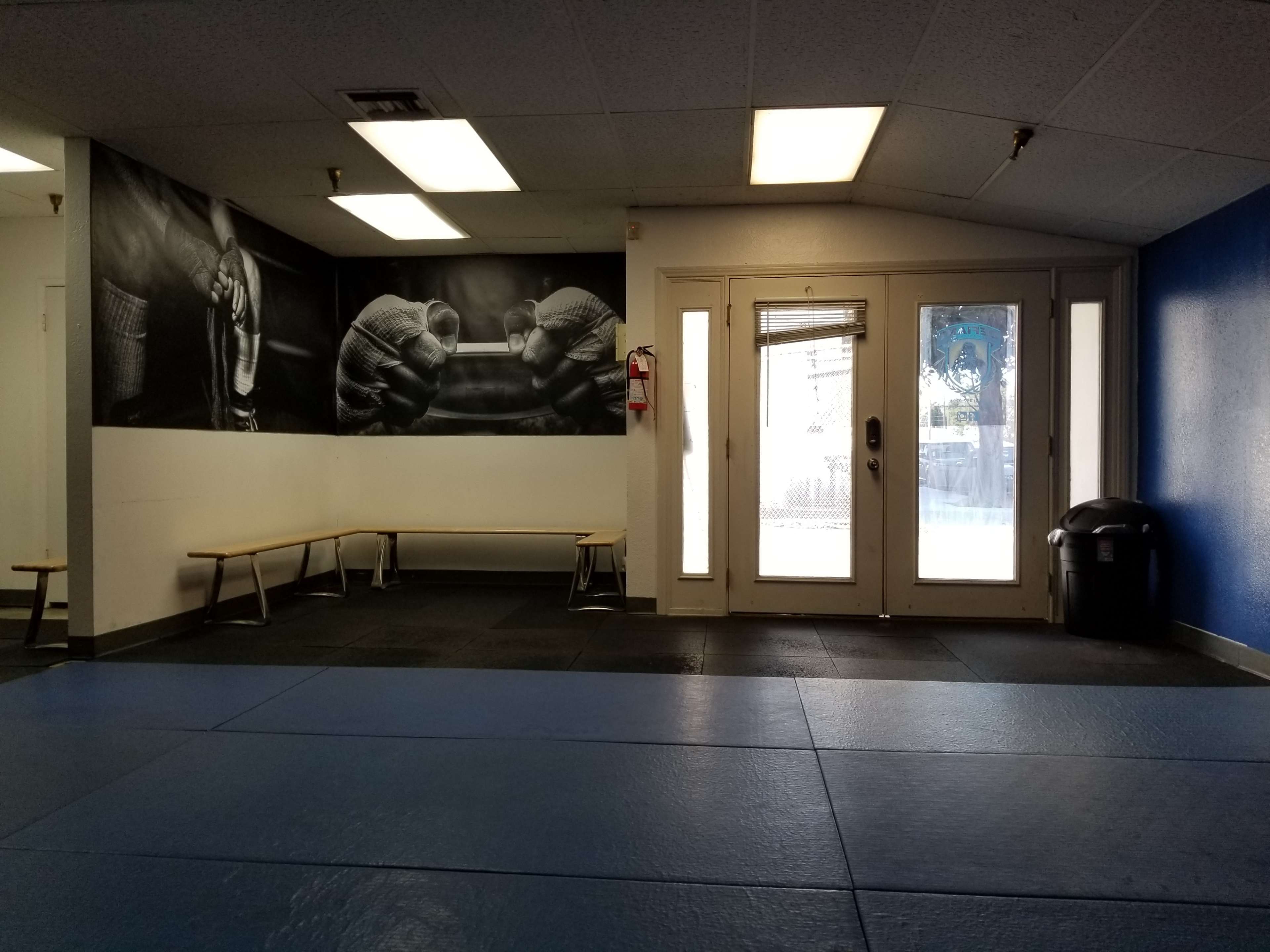 A martial arts training area with a blue mat, benches along the wall, and a large black-and-white mural of hands in a fighting stance.