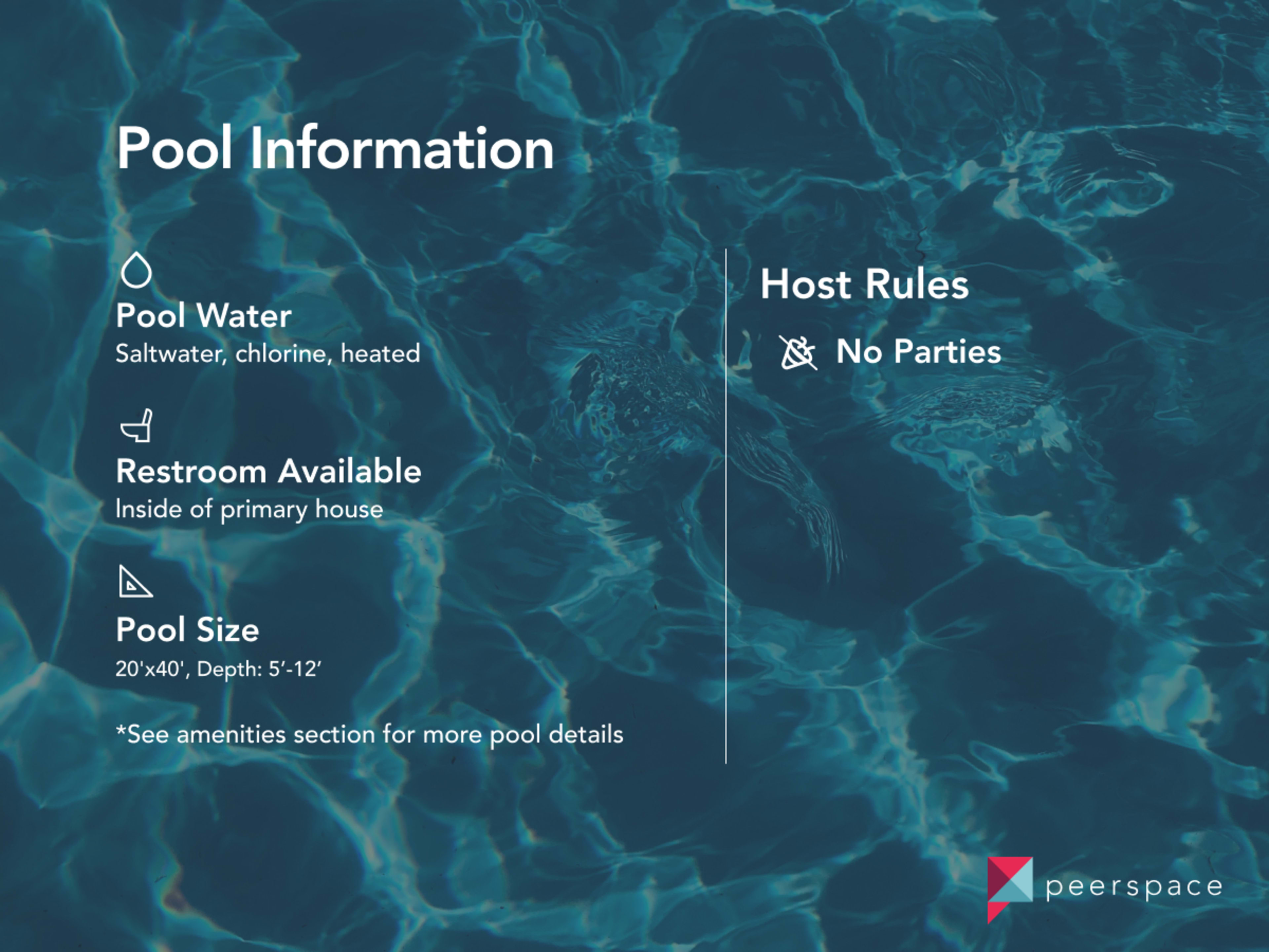 A blue water surface with text detailing pool information, including water type, restroom availability, pool size, and host rules.
